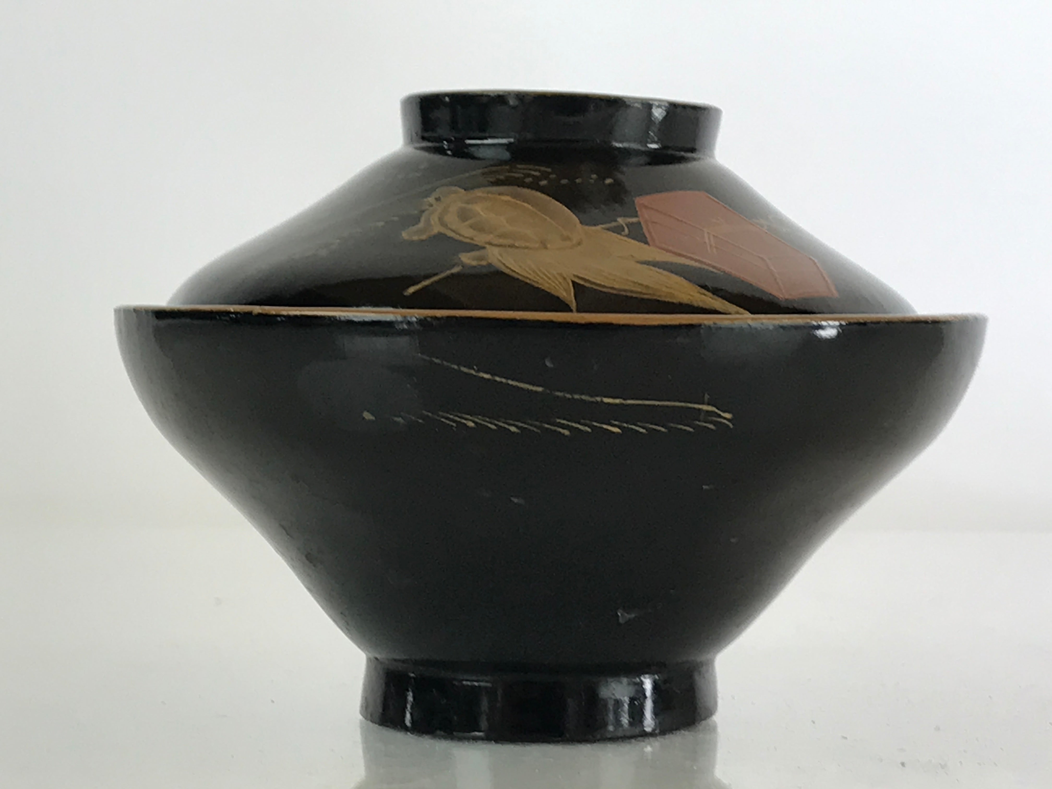 Japanese Lacquerware Lidded Bowl Vtg Urushi Makie Red Black Owan Soup LB10