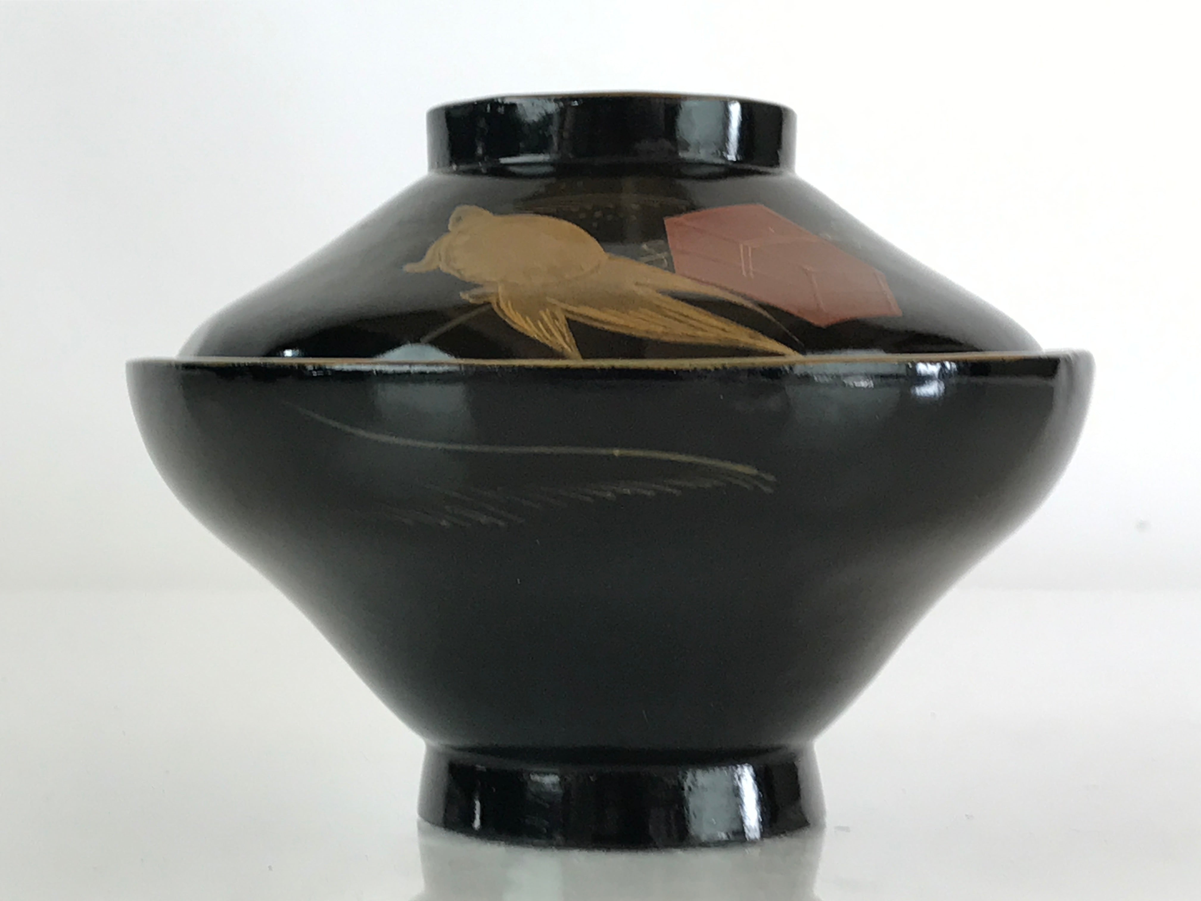 Japanese Lacquerware Lidded Bowl Vtg Urushi Makie Red Black Owan Soup LB3