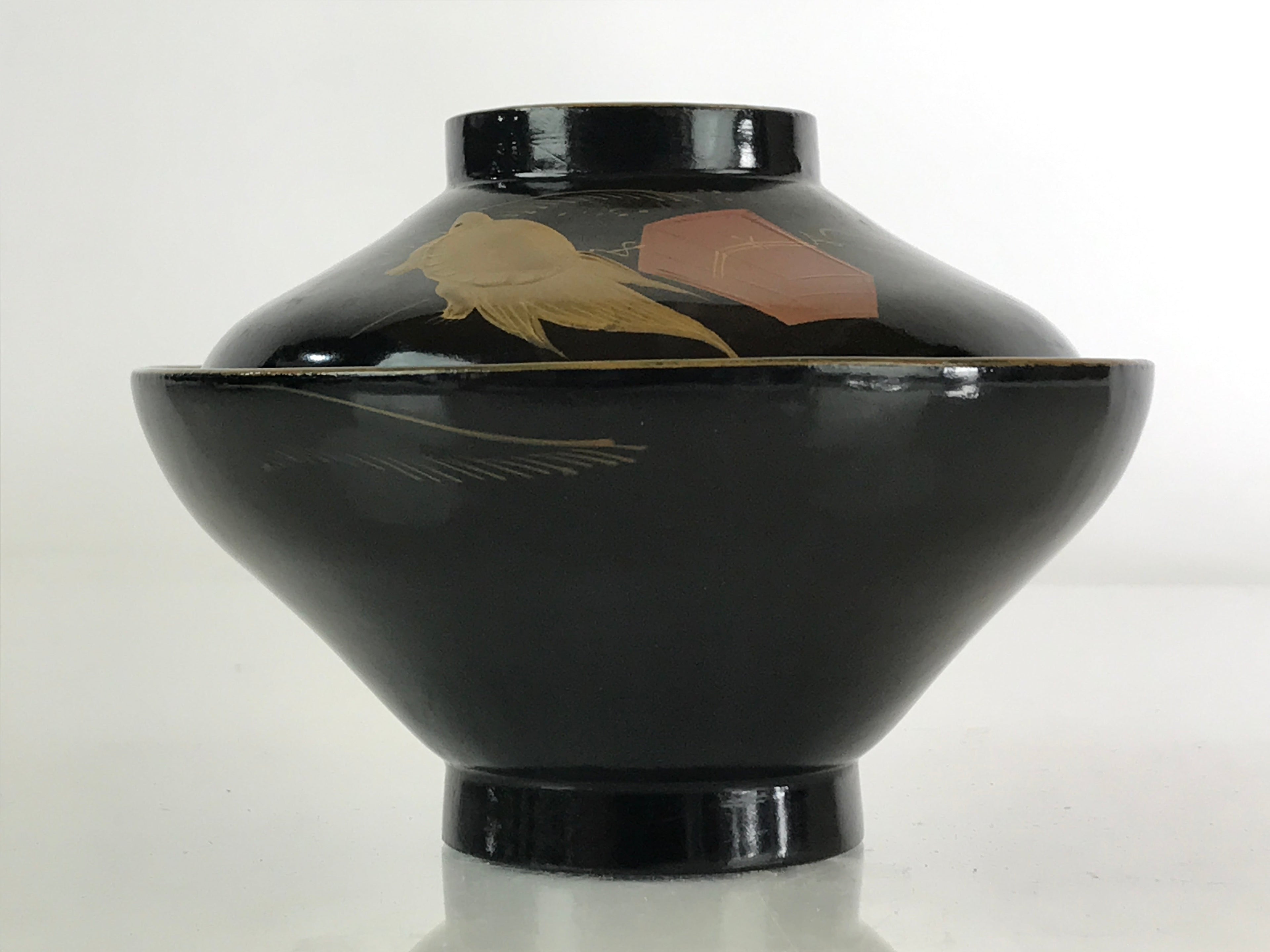 Japanese Lacquerware Lidded Bowl Vtg Urushi Makie Red Black Owan Soup LB7