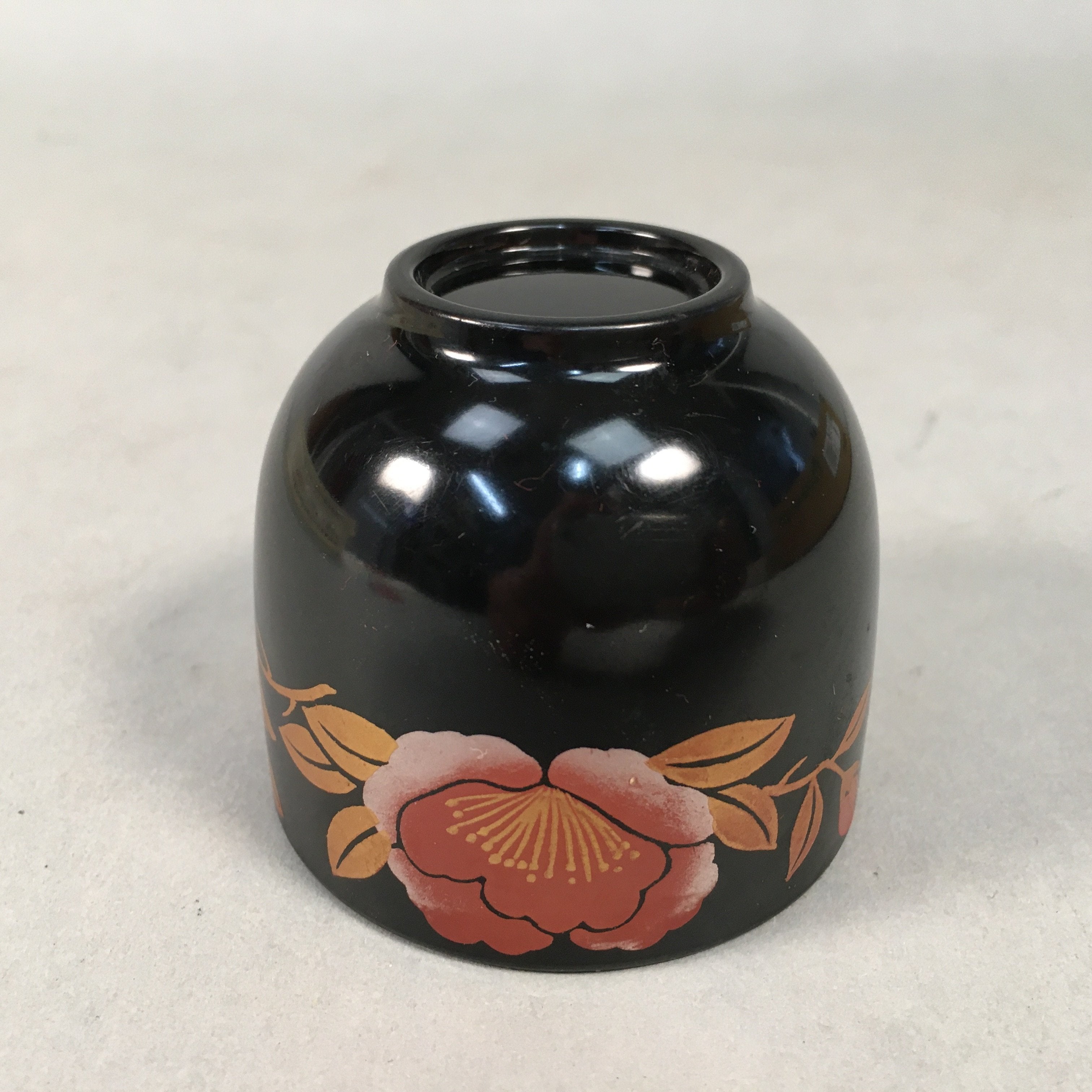 Japanese Lacquerware Sake Cup Guinomi Sakazuki Vtg Replica Black Peony GU840