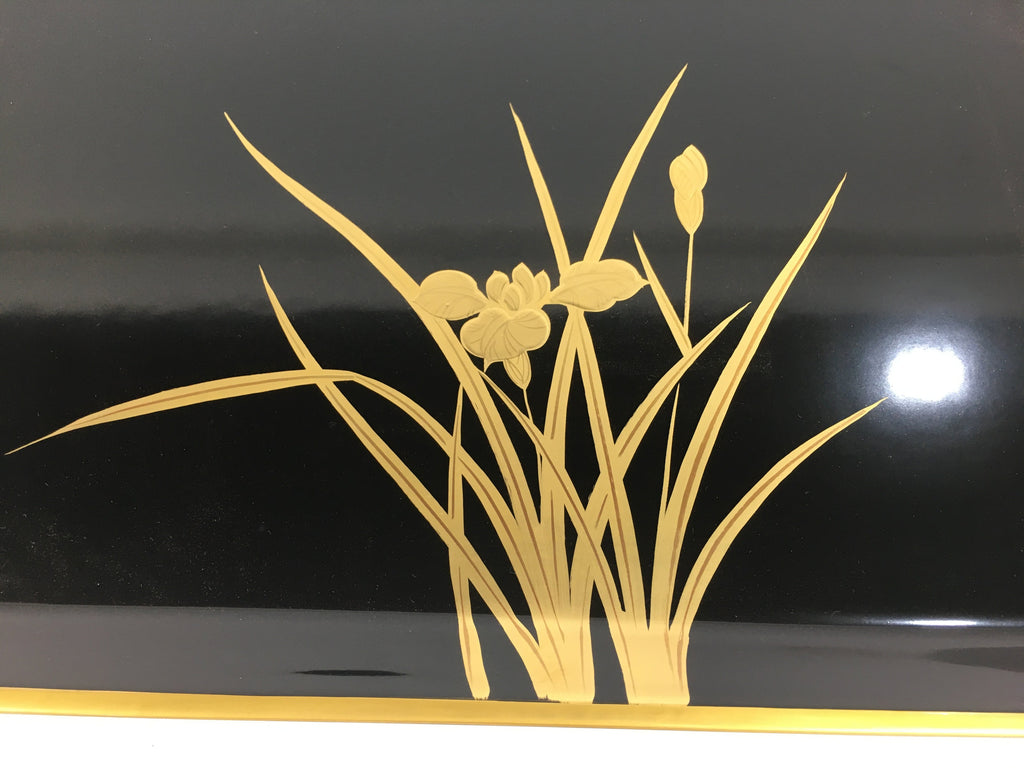 Japanese Lacquerware Tray Rectangle Vtg Large Obon Black Gold Iris UR483