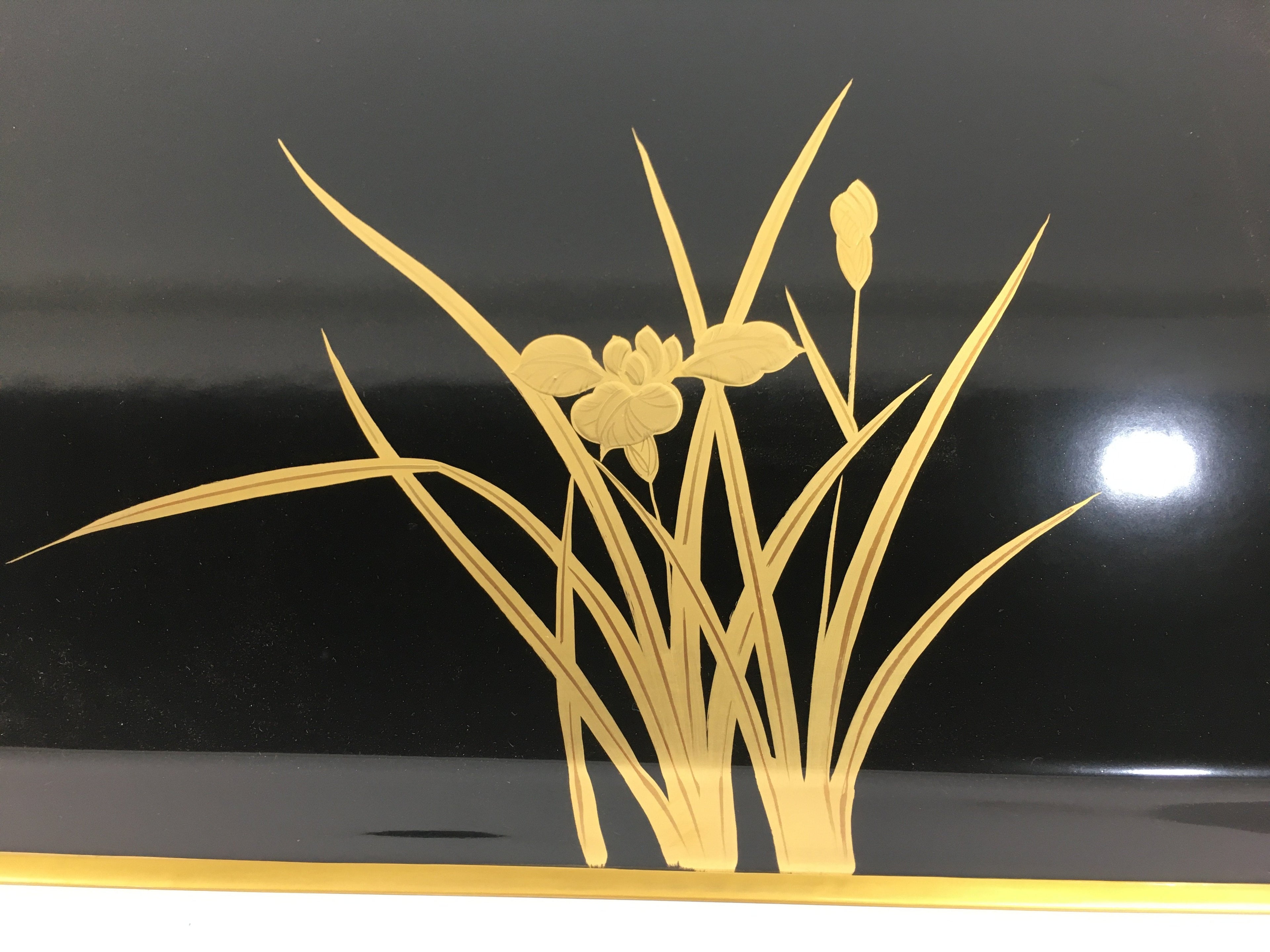 Japanese Lacquerware Tray Rectangle Vtg Large Obon Black Gold Iris UR483