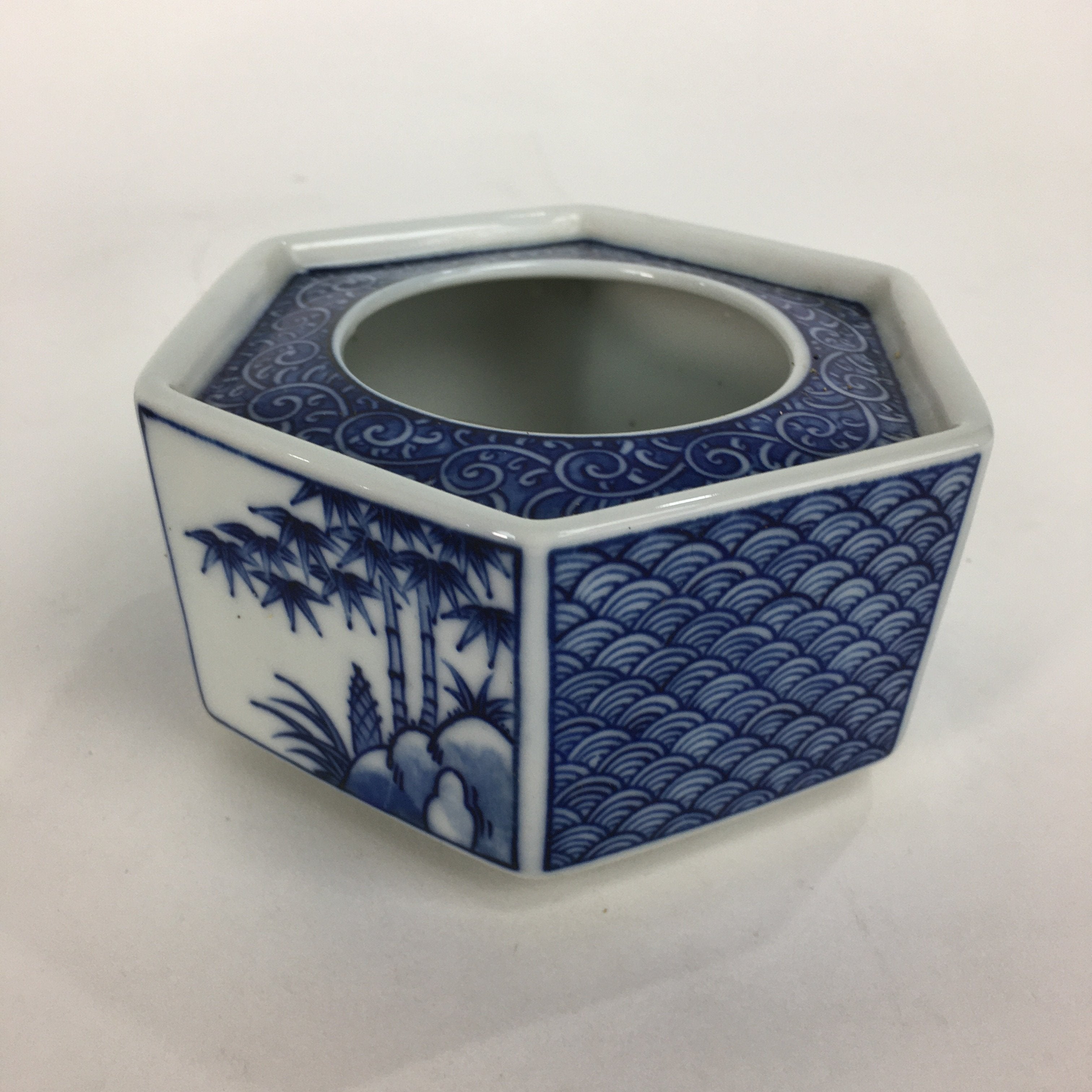 Japanese Lacquerware Vtg Wooden Tray Porcelain Ashtray Hexagon Blue UR488