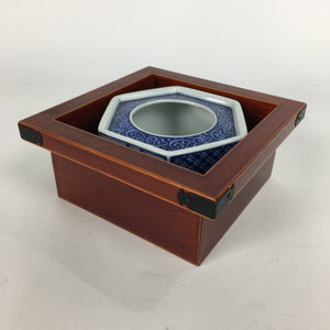 Japanese Lacquerware Vtg Wooden Tray Porcelain Ashtray Hexagon Blue UR488