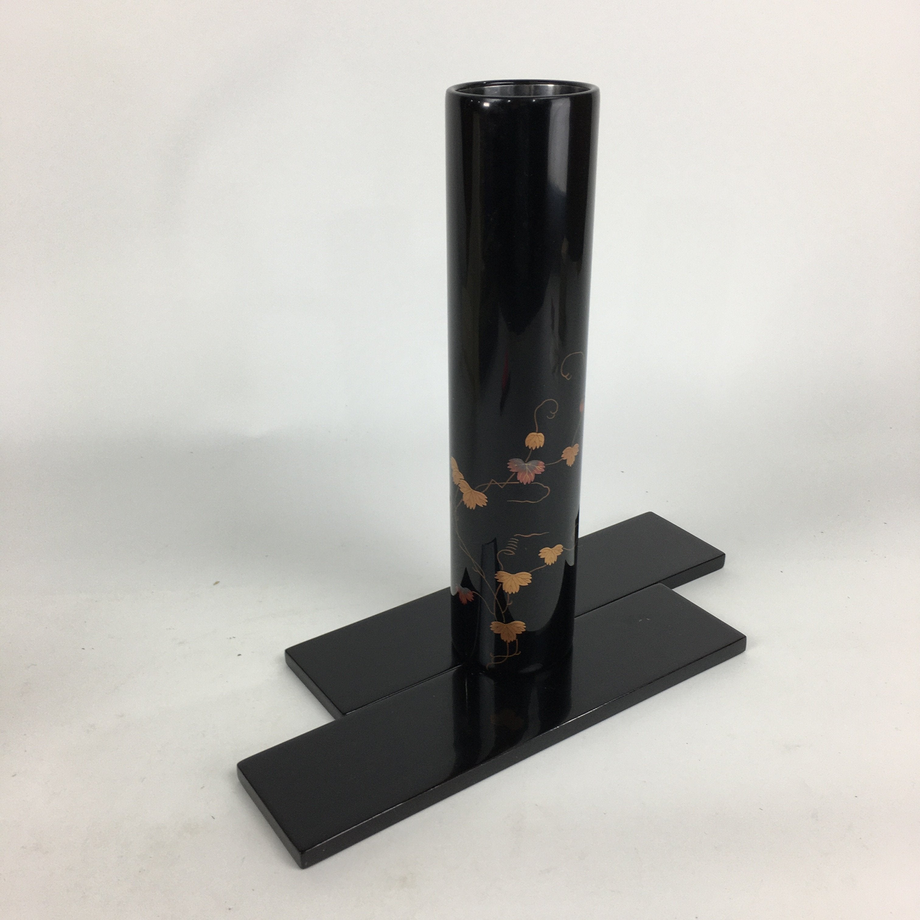 Japanese Lacquerware Wajima-Nuri Flower Vase Vtg Ikebana Kabin Black FV943