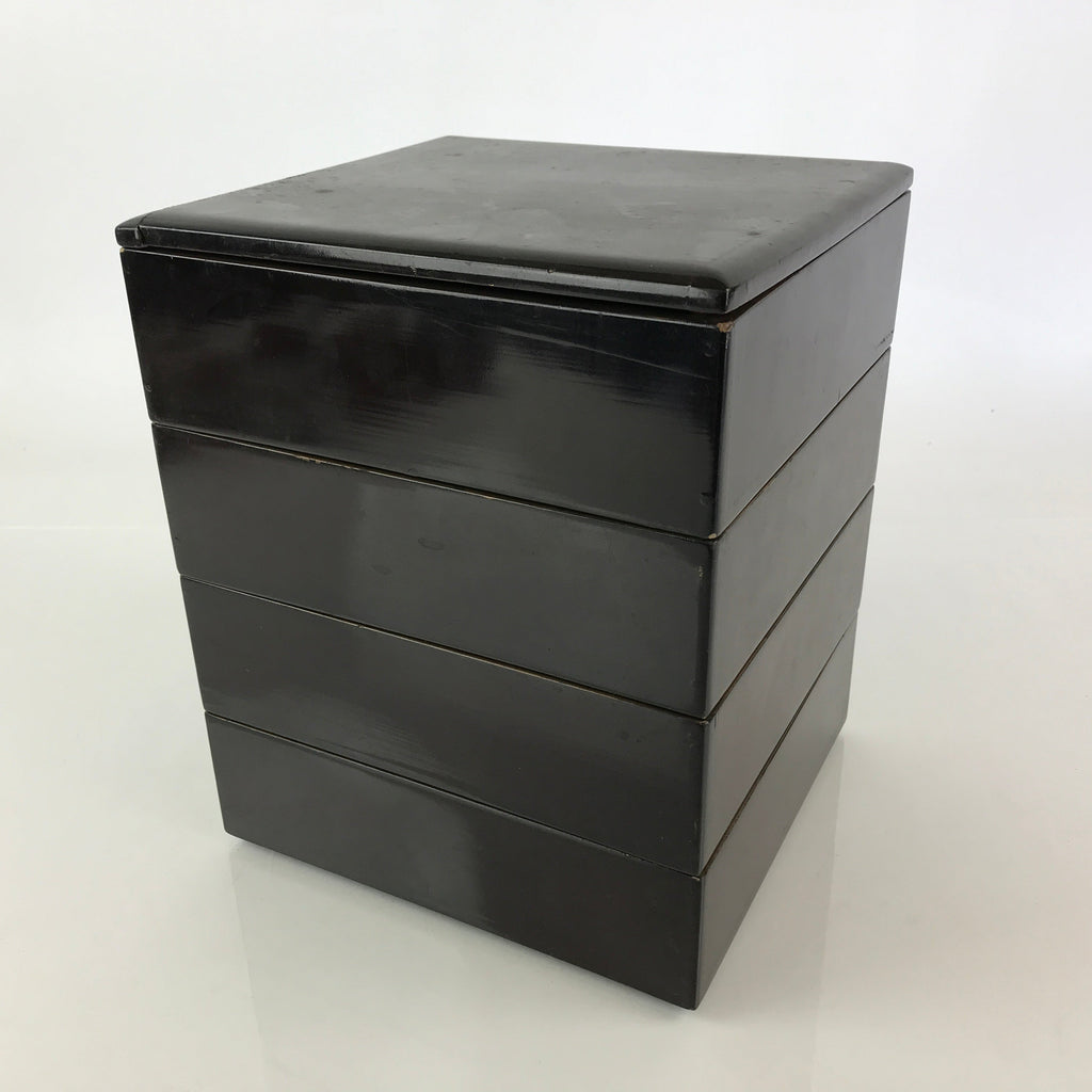 Japanese Lacquerware Wooden Bento Box 4 Tier Vtg Black Lidded Box Jubako JB81