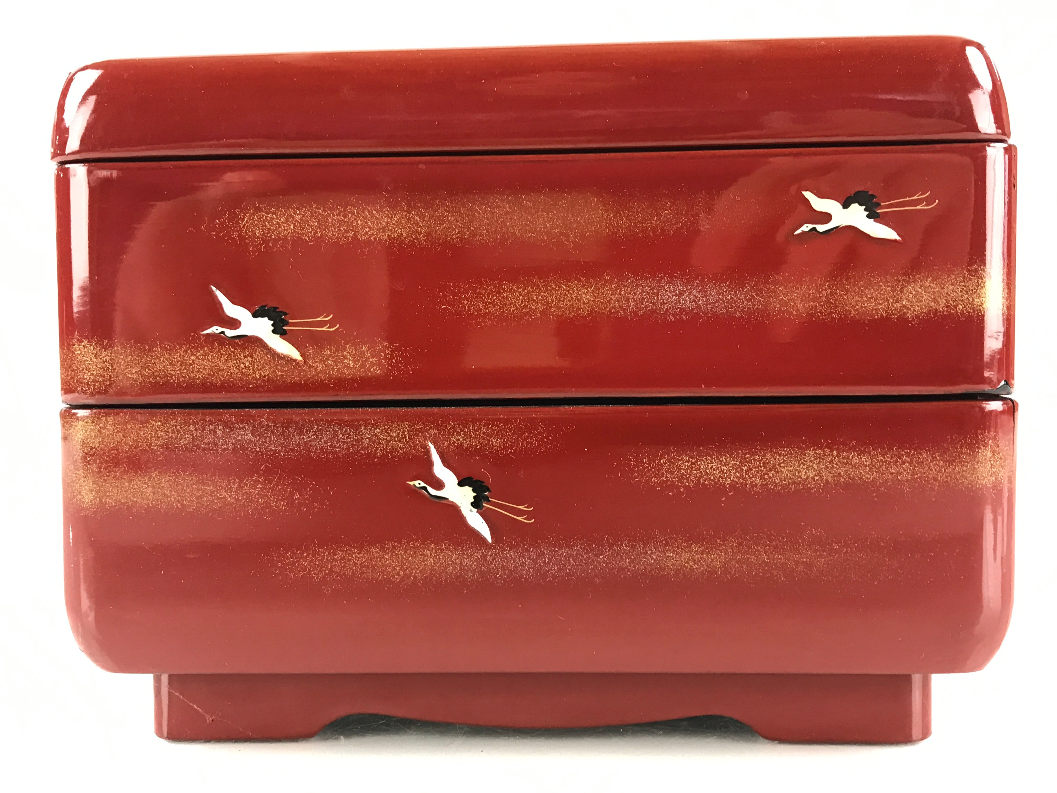 Japanese Lacquerware Wooden Bento Box Red 2 Tier Vtg Jubako Raden Crane JB79