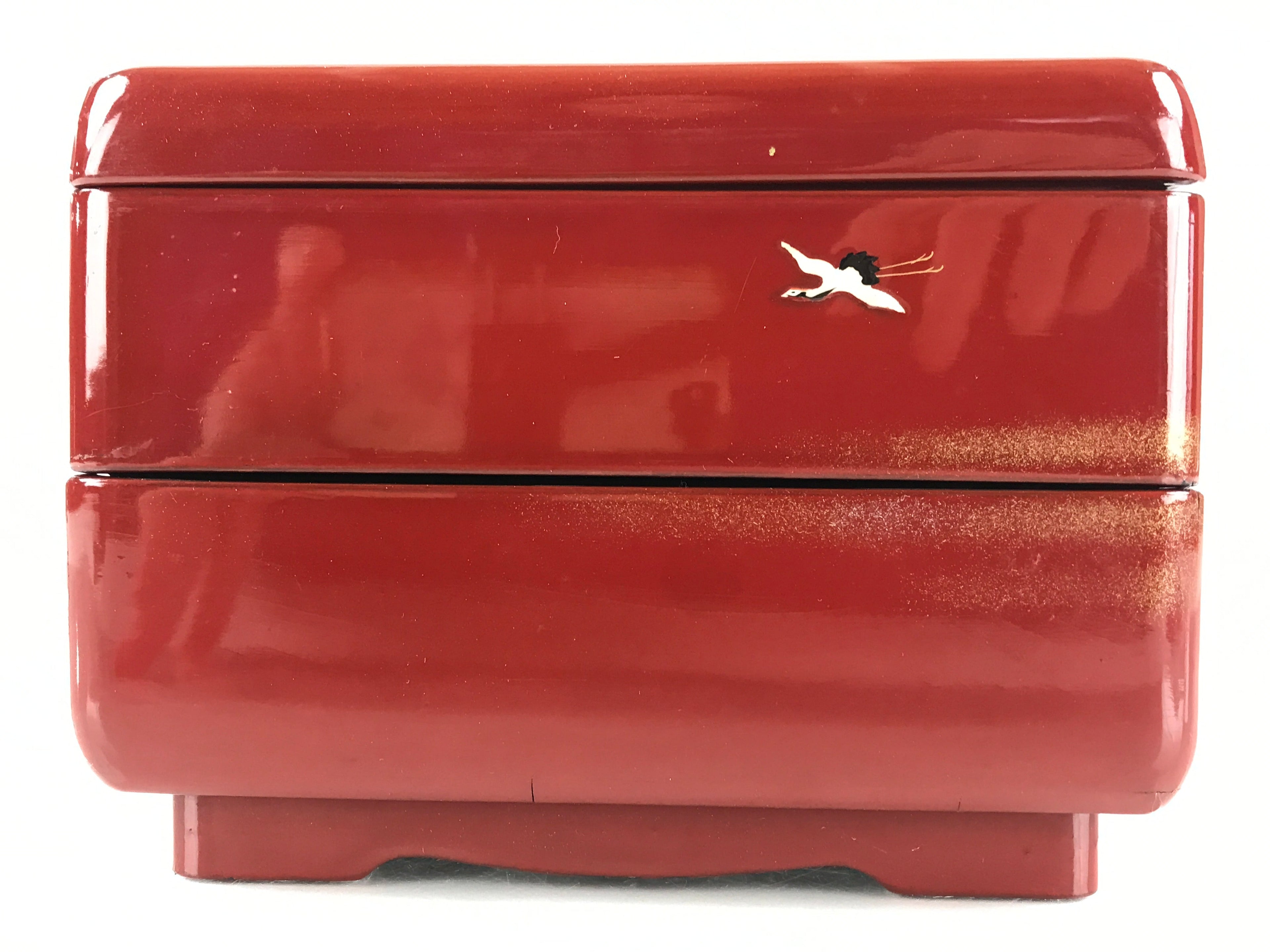 Japanese Lacquerware Wooden Bento Box Red 2 Tier Vtg Jubako Raden Crane JB79