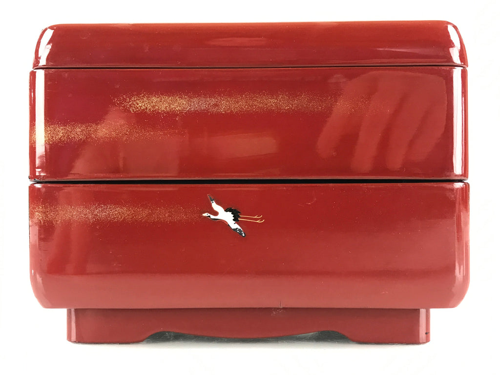 Japanese Lacquerware Wooden Bento Box Red 2 Tier Vtg Jubako Raden Crane JB79