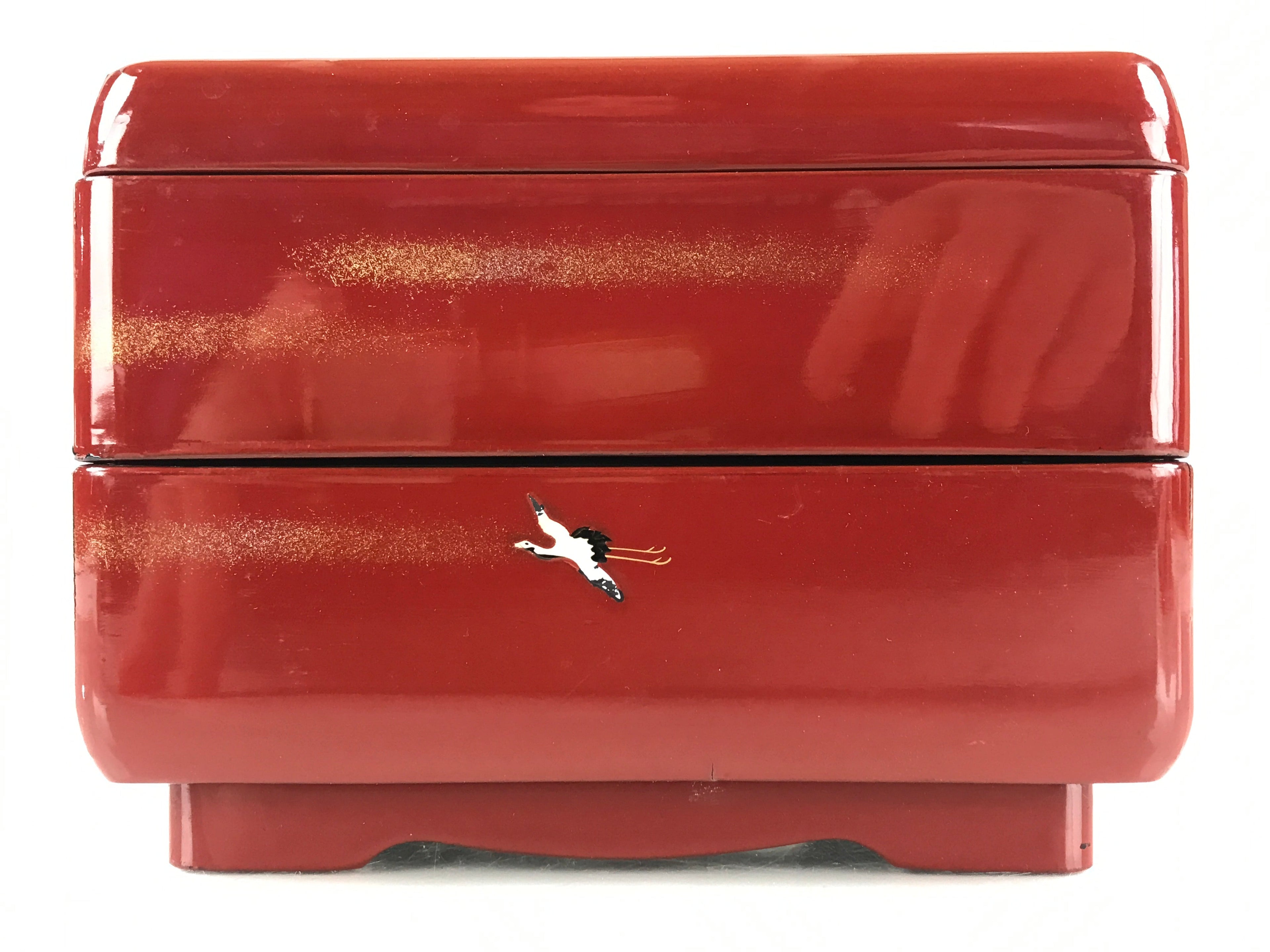 Japanese Lacquerware Wooden Bento Box Red 2 Tier Vtg Jubako Raden Crane JB79