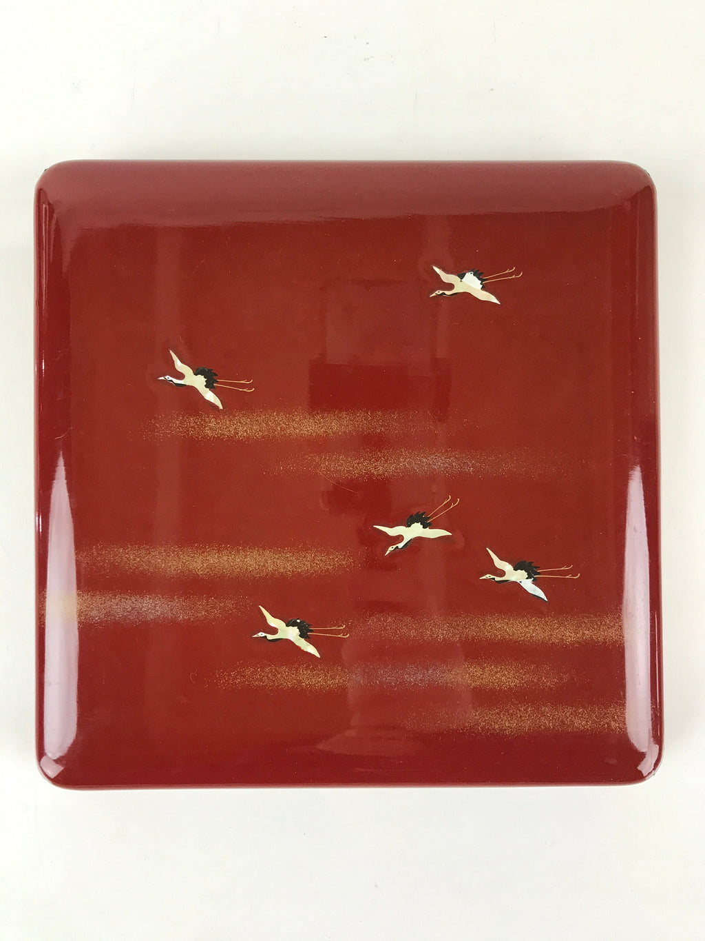 Japanese Lacquerware Wooden Bento Box Red 2 Tier Vtg Jubako Raden Crane JB79