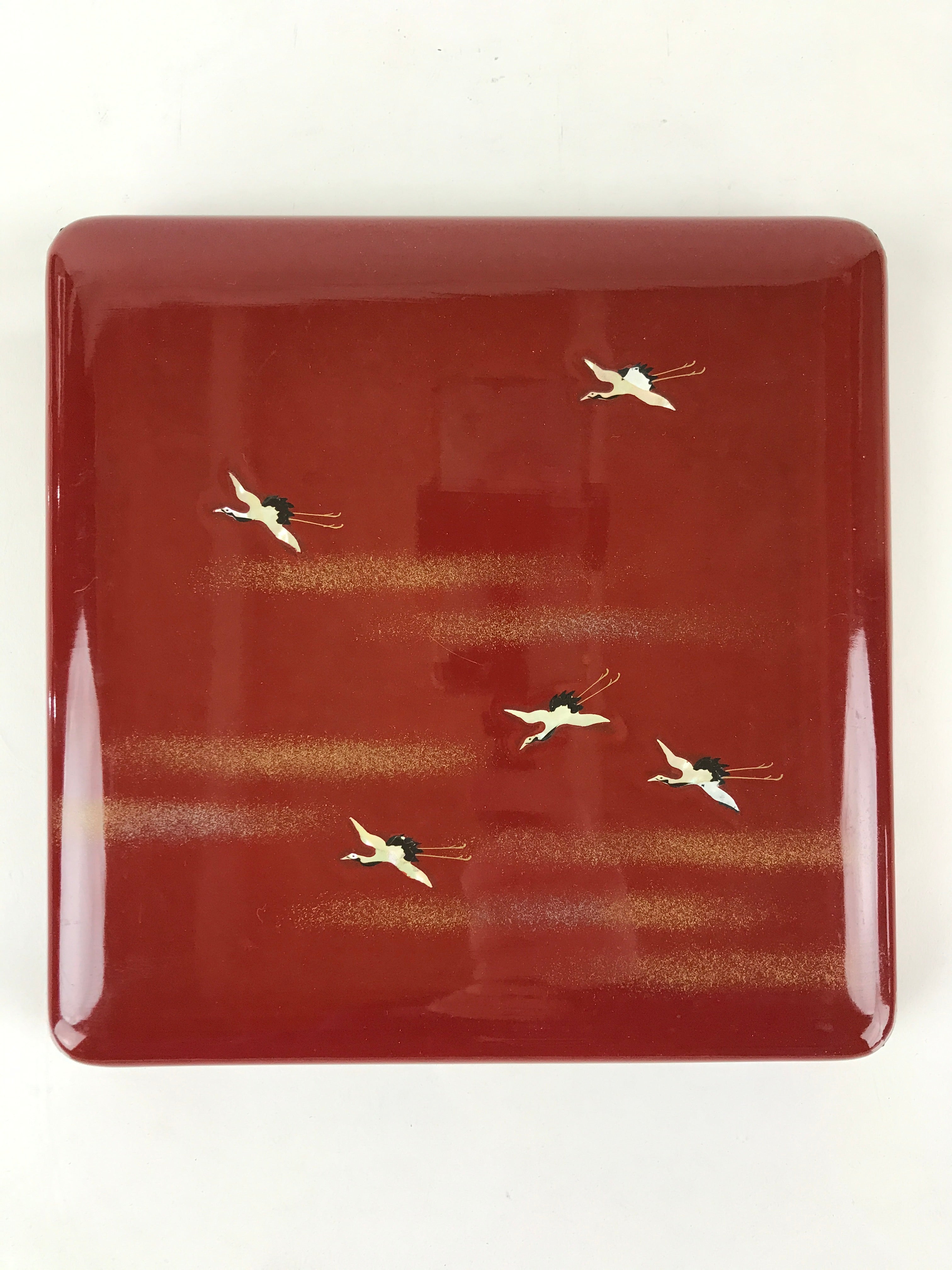 Japanese Lacquerware Wooden Bento Box Red 2 Tier Vtg Jubako Raden Crane JB79