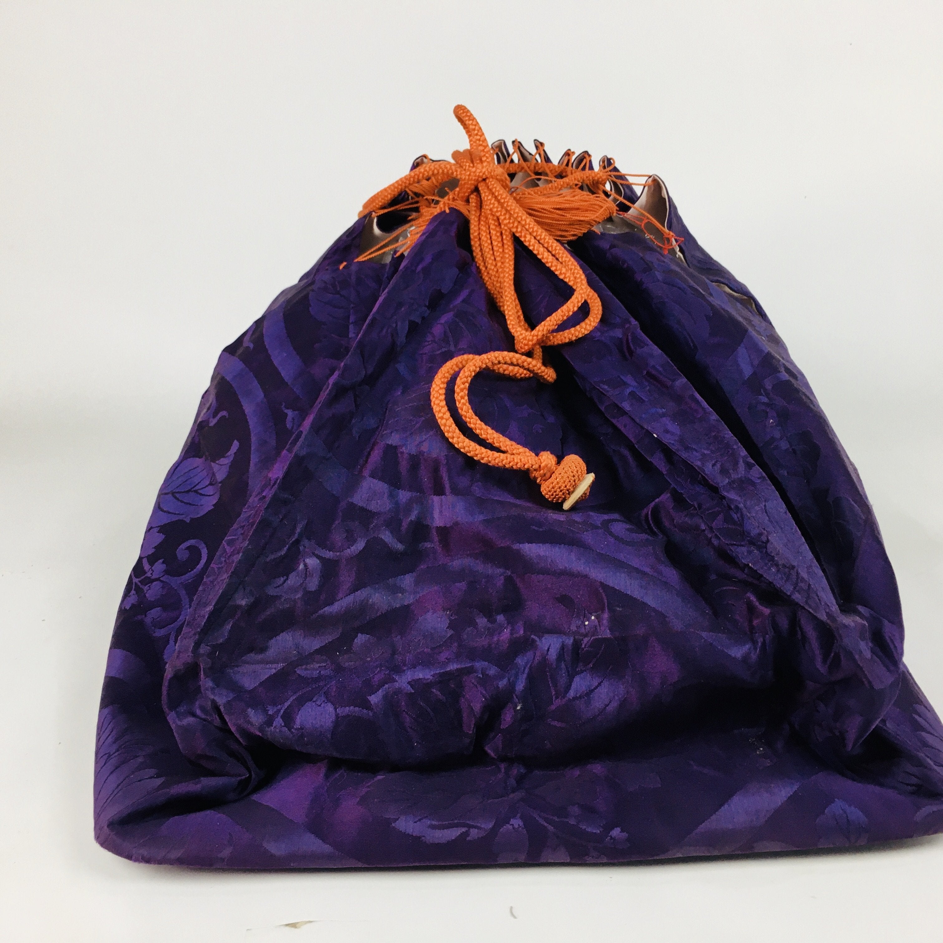 Japanese Large Storage Bag Vtg Kimono Carry Bag Hard Bottom Plate Purple KB21