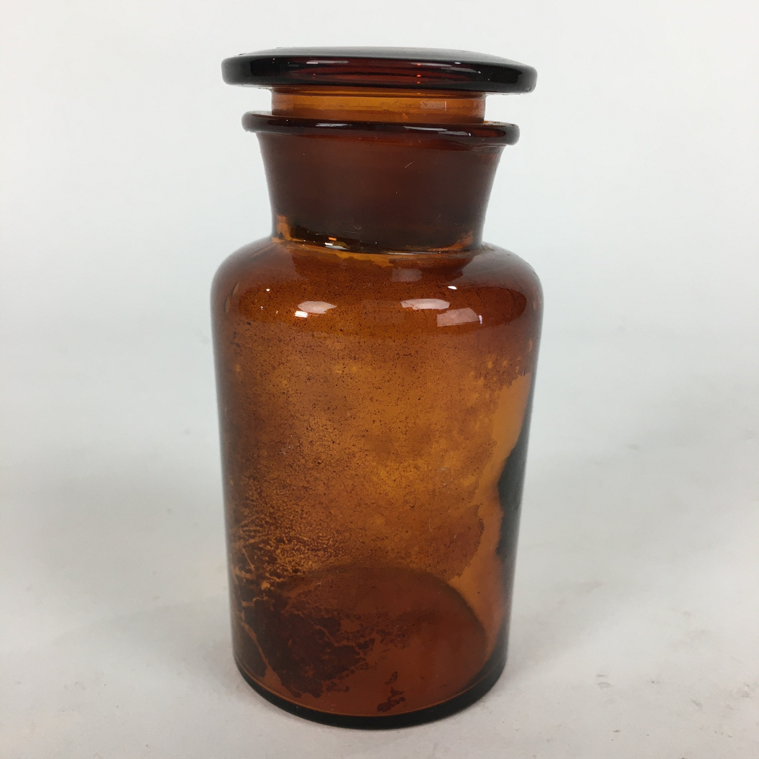 Japanese Lidded Glass Medicine Bottle Vtg Amber Color Glass 10.5 cm Vase MB10