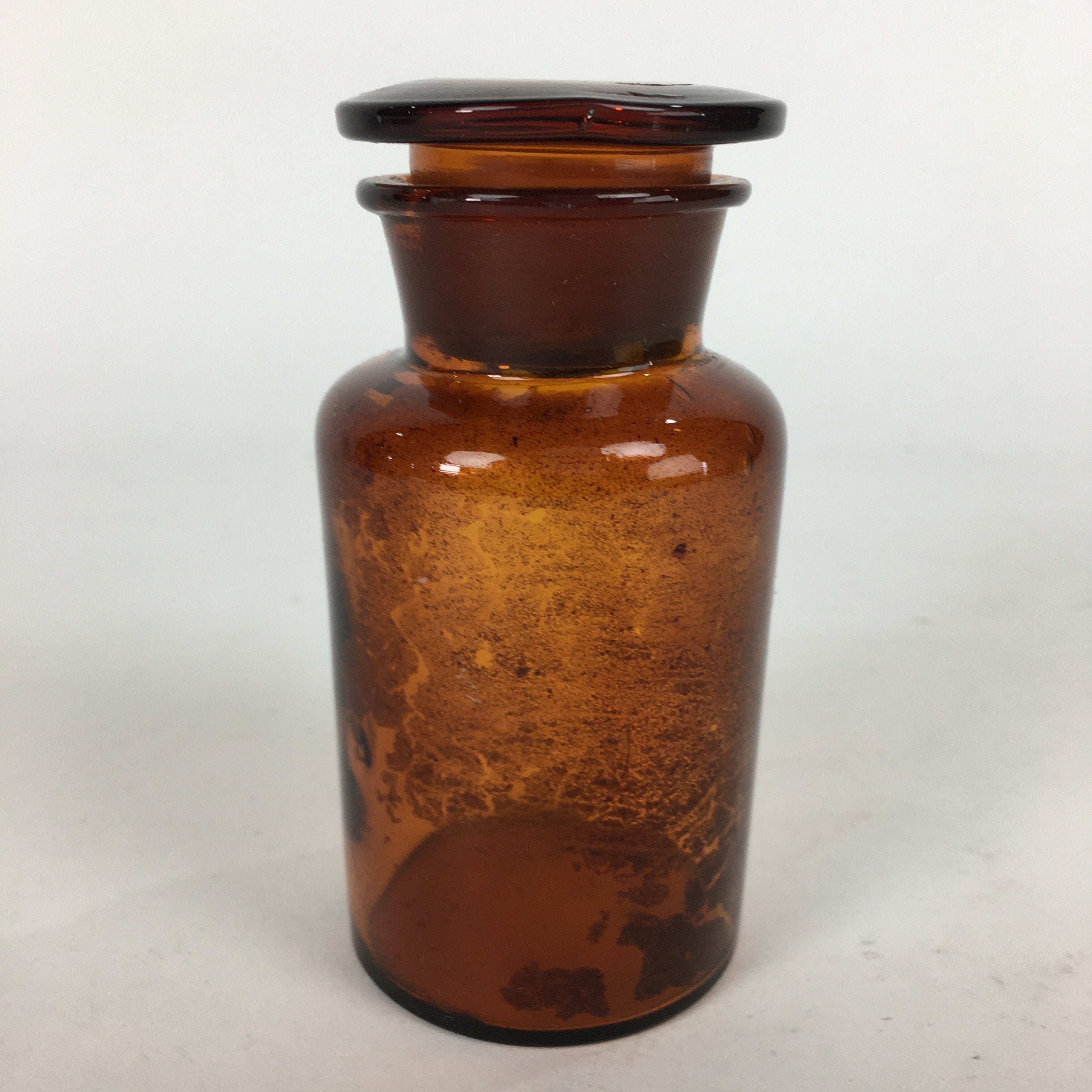 Japanese Lidded Glass Medicine Bottle Vtg Amber Color Glass 10.5