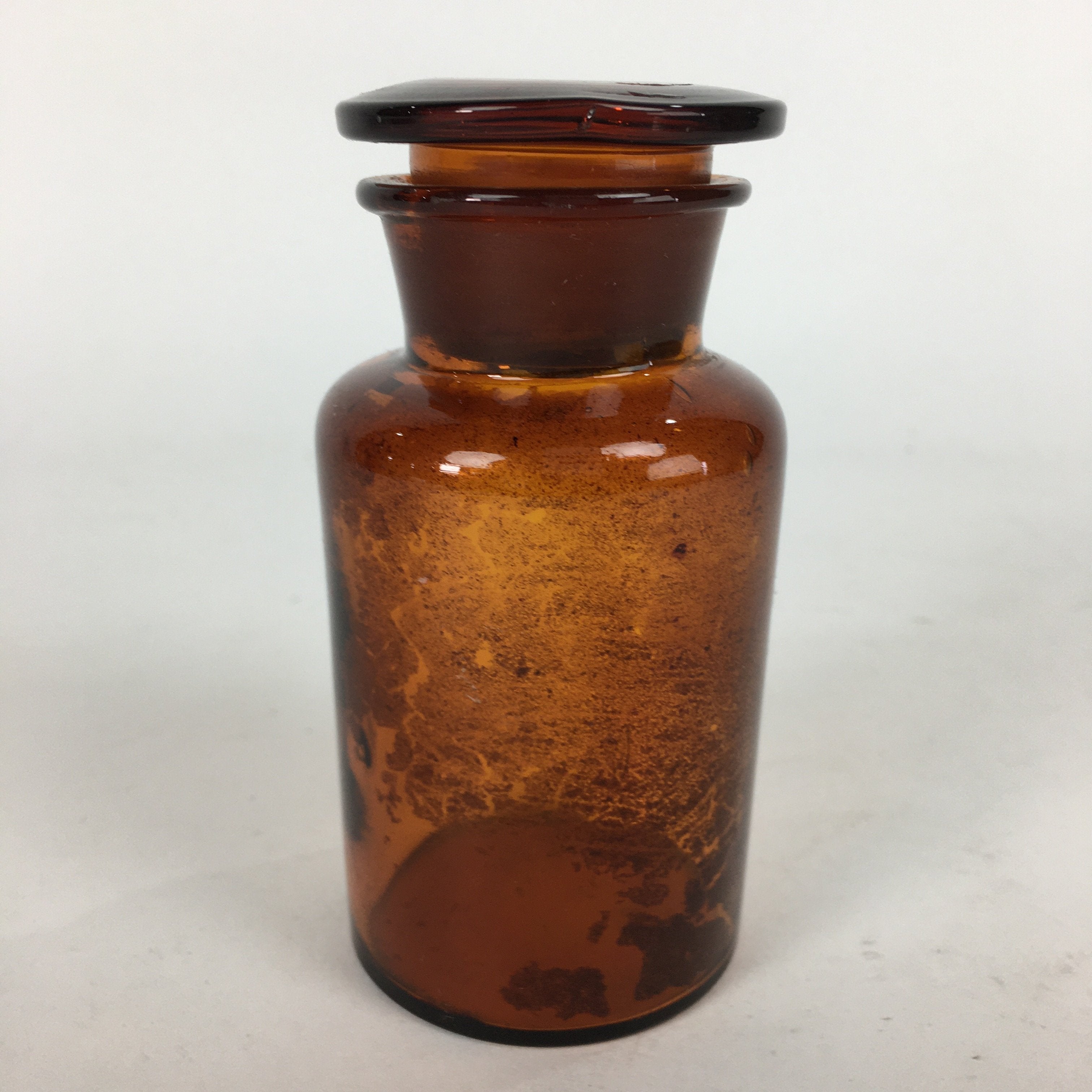 Japanese Lidded Glass Medicine Bottle Vtg Amber Color Glass 10.5 cm Vase MB10