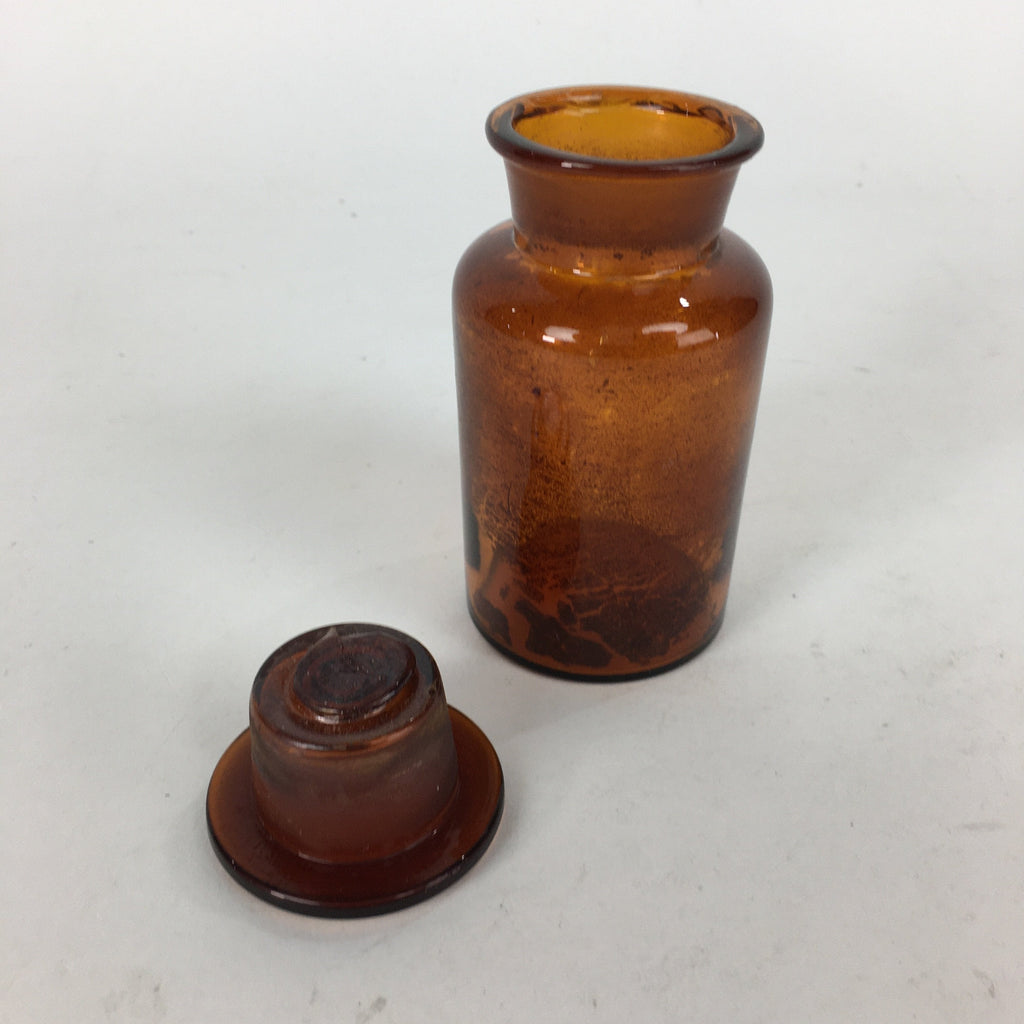 Japanese Lidded Glass Medicine Bottle Vtg Amber Color Glass 10.5 cm Vase MB10