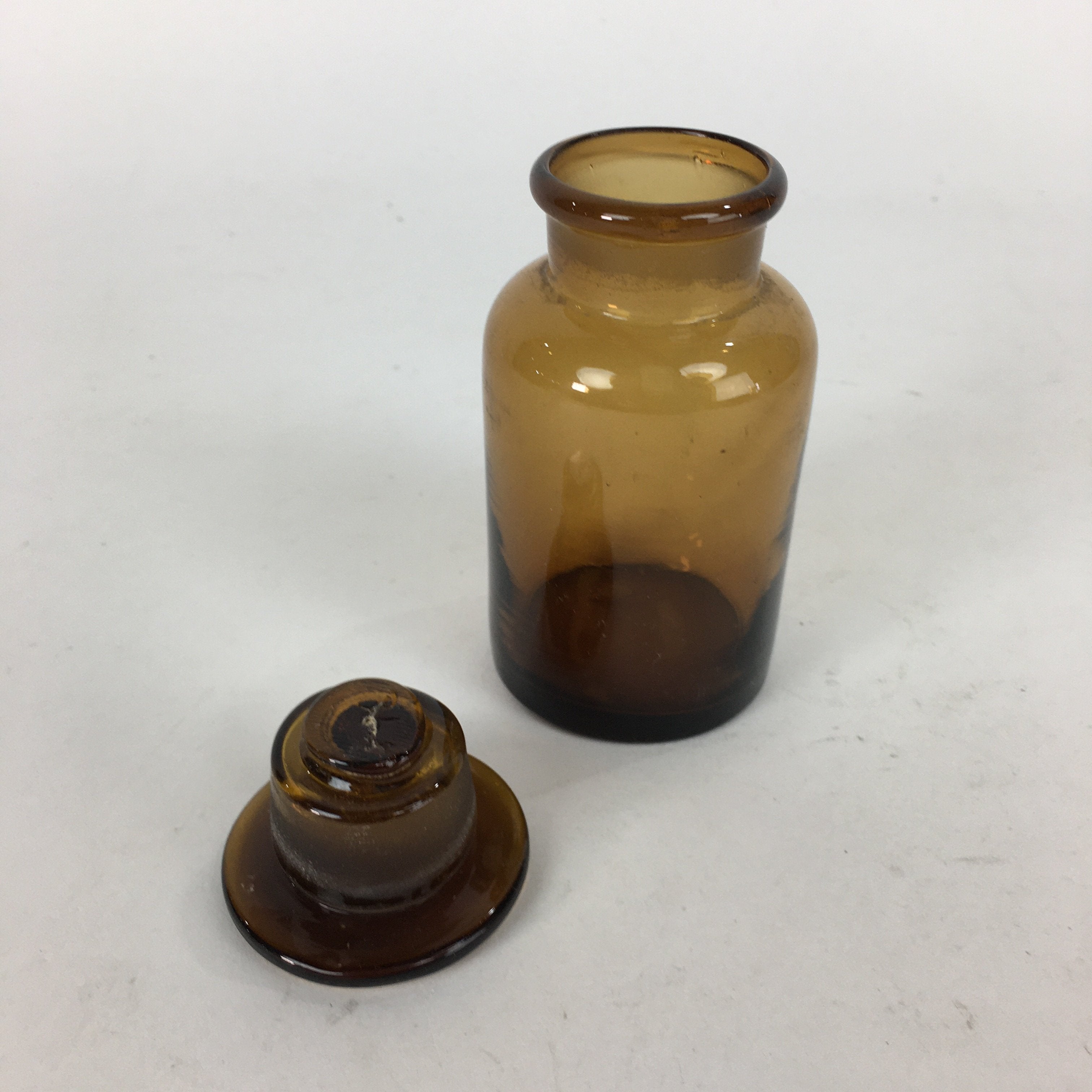 Japanese Lidded Glass Medicine Bottle Vtg Amber Color Glass 10.5 cm Vase MB12
