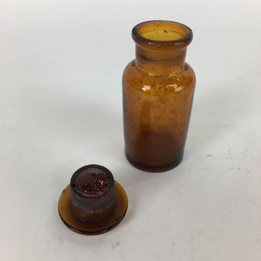 Japanese Lidded Glass Medicine Bottle Vtg Amber Color Glass 10.5 cm Vase MB13