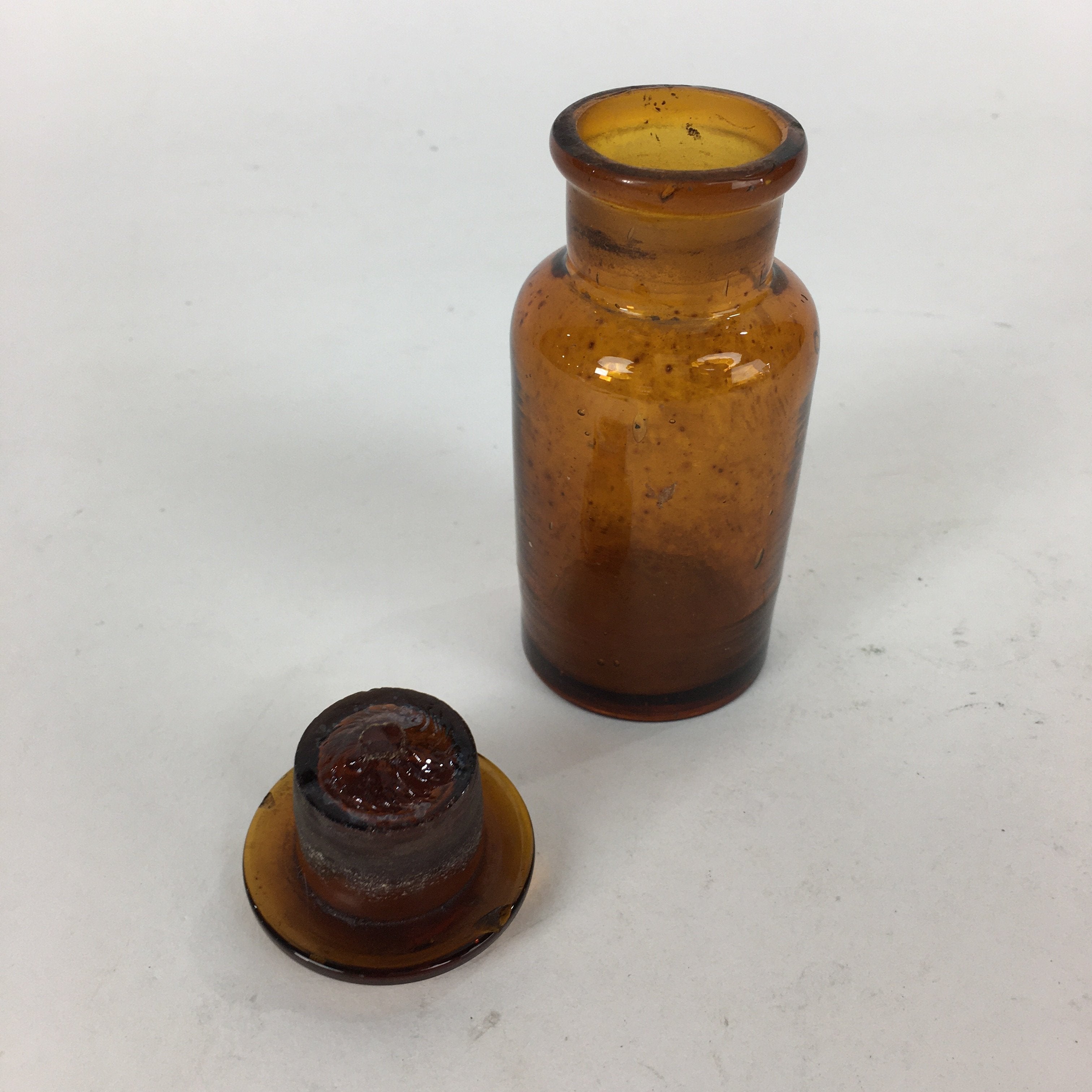 Japanese Lidded Glass Medicine Bottle Vtg Amber Color Glass 10.5 cm Vase MB13