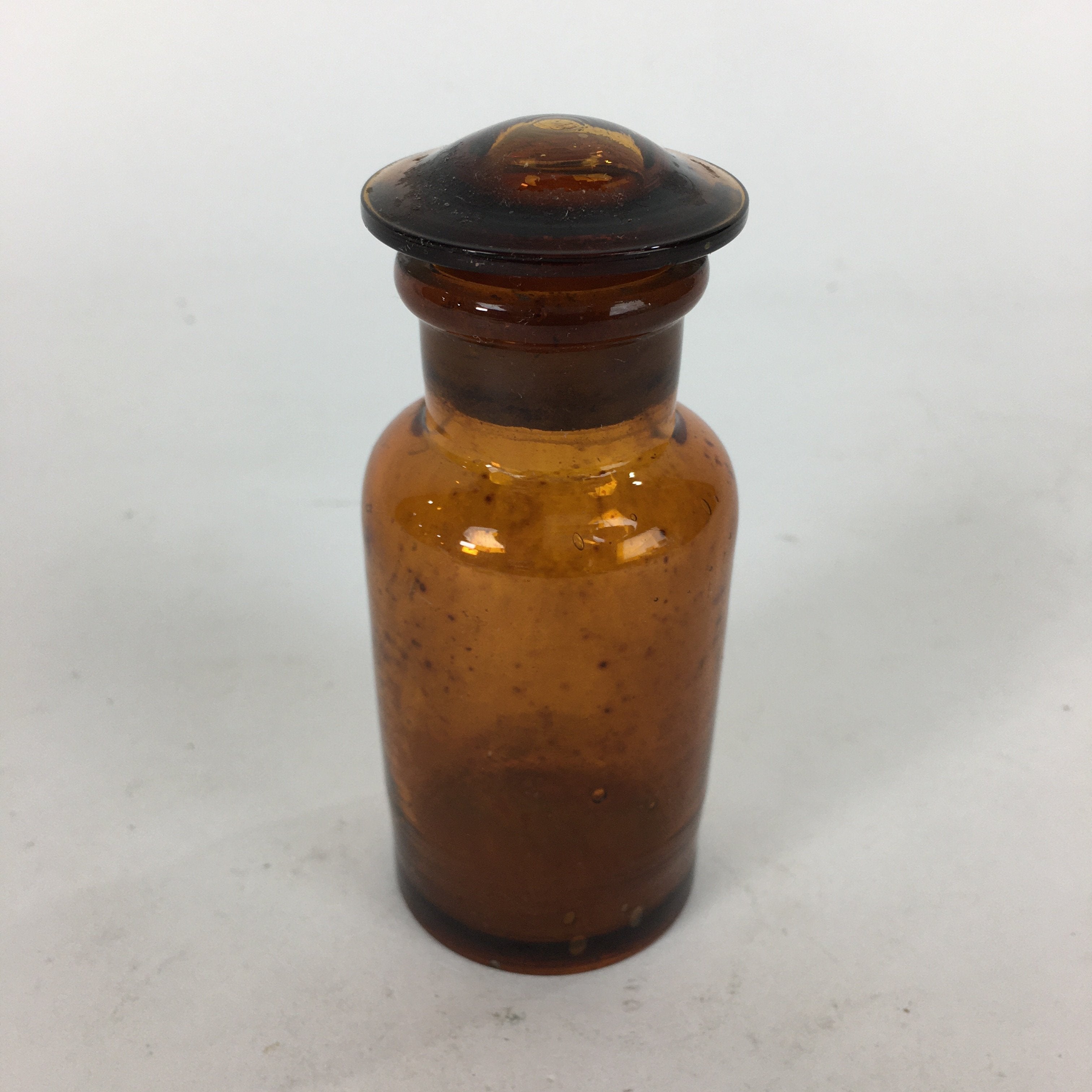 Japanese Lidded Glass Medicine Bottle Vtg Amber Color Glass 10.5 cm Vase MB13