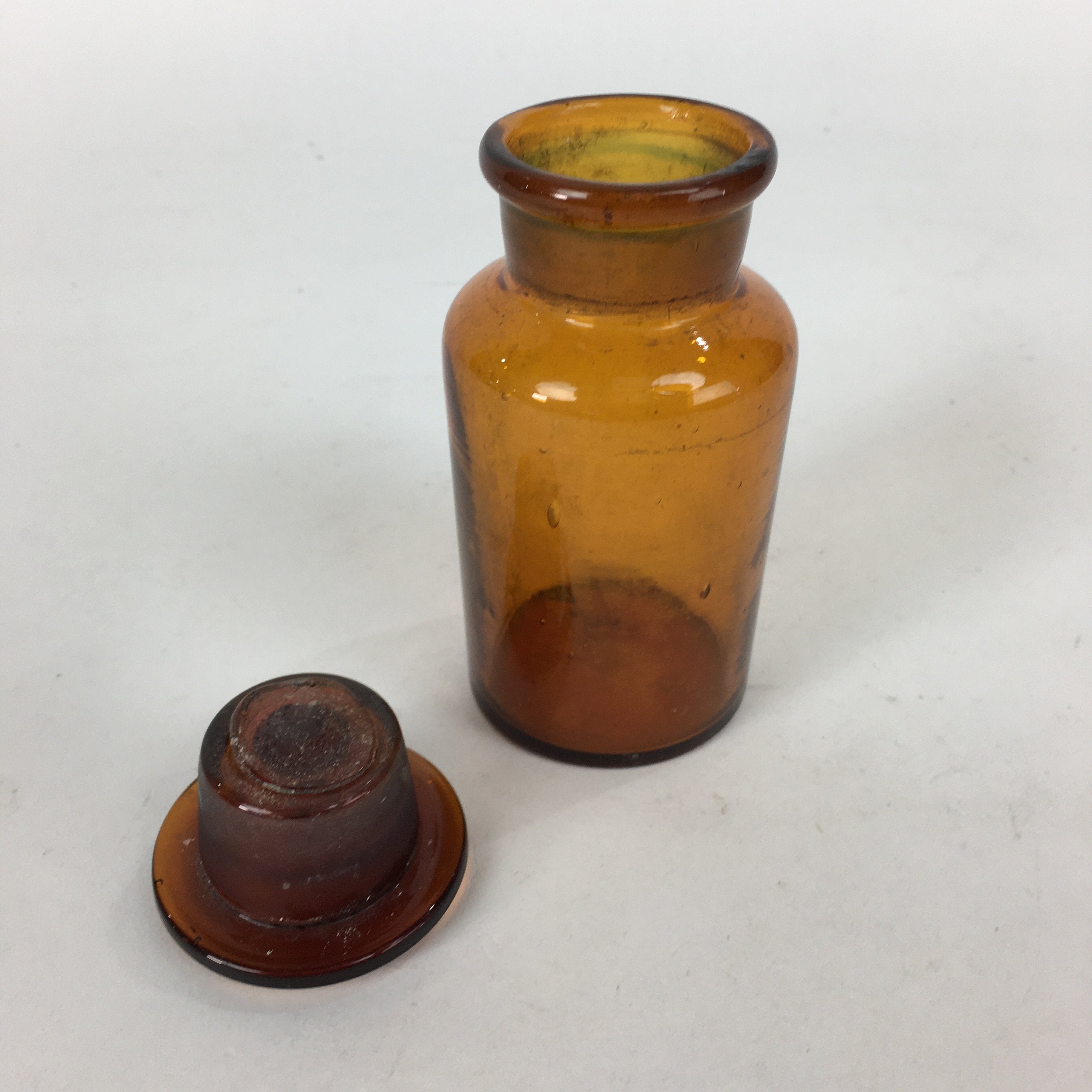Japanese Lidded Glass Medicine Bottle Vtg Amber Color Glass 11 cm Vase MB11