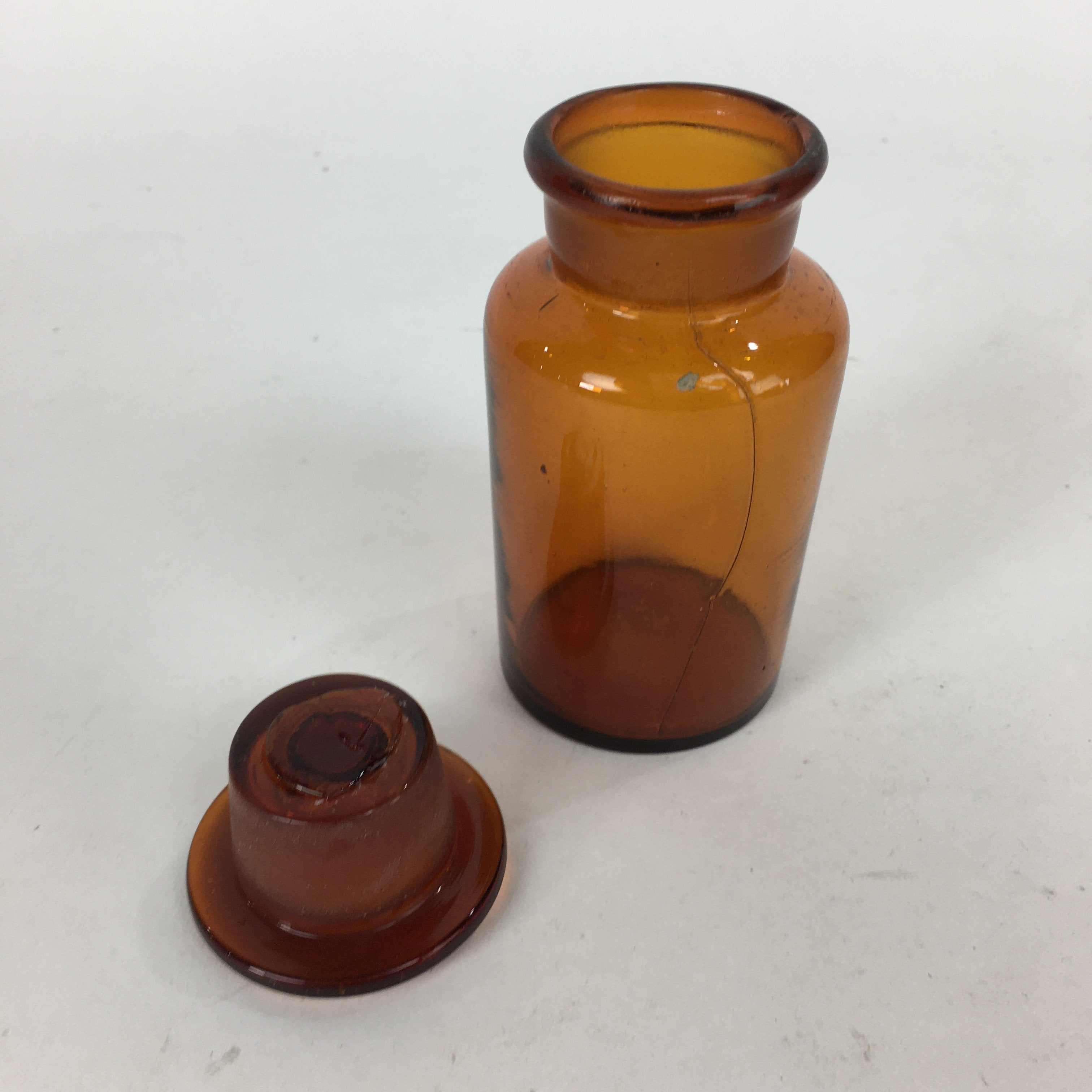 Japanese Lidded Glass Medicine Bottle Vtg Amber Color Glass 11 cm Vase MB6