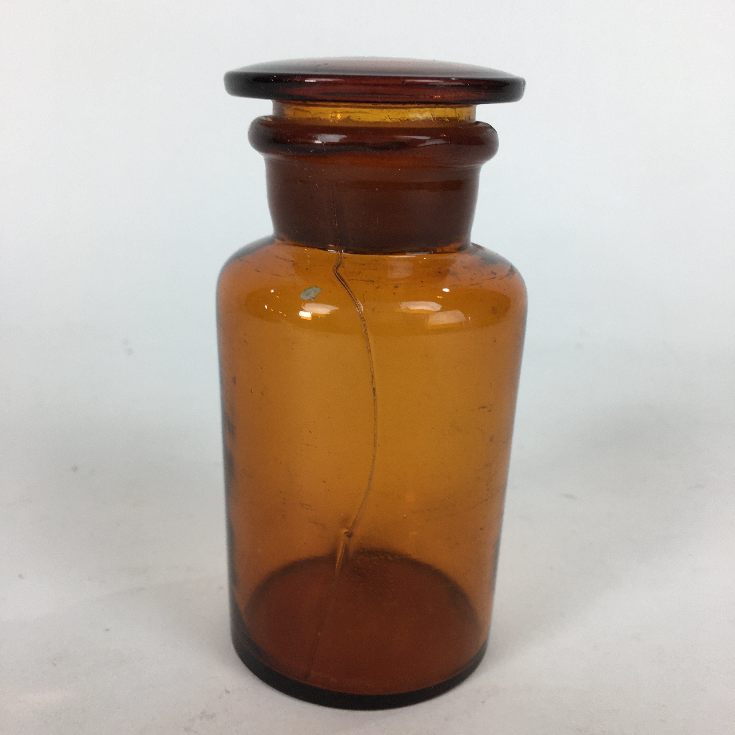 Japanese Lidded Glass Medicine Bottle Vtg Amber Color Glass 11 cm Vase MB6