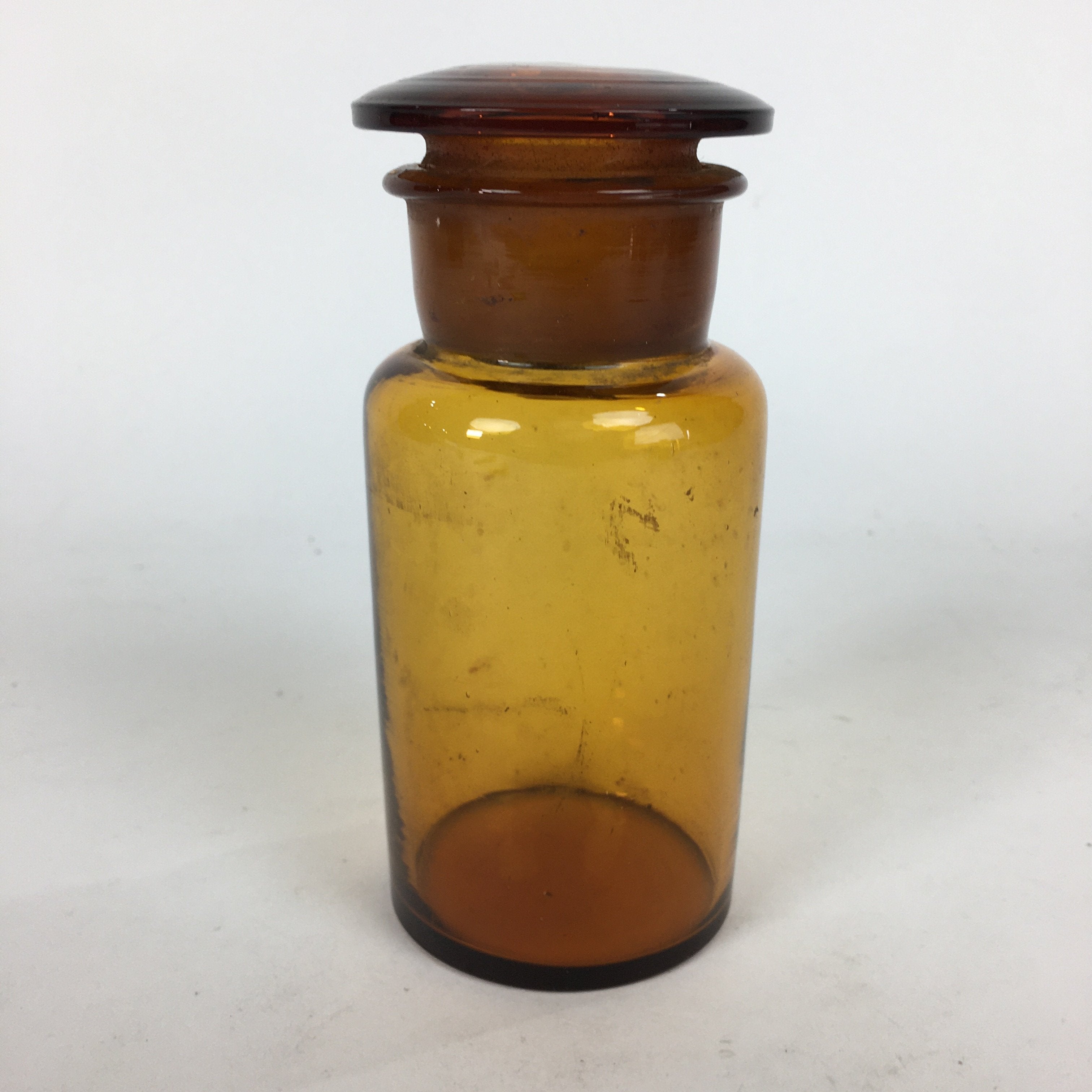 Japanese Lidded Glass Medicine Bottle Vtg Amber Color Glass 13.5 cm Vase MB7