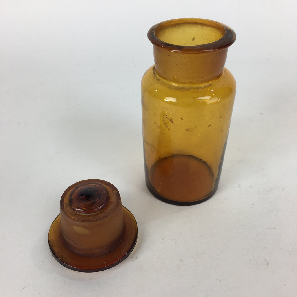 Japanese Lidded Glass Medicine Bottle Vtg Amber Color Glass 13.5 cm Vase MB7