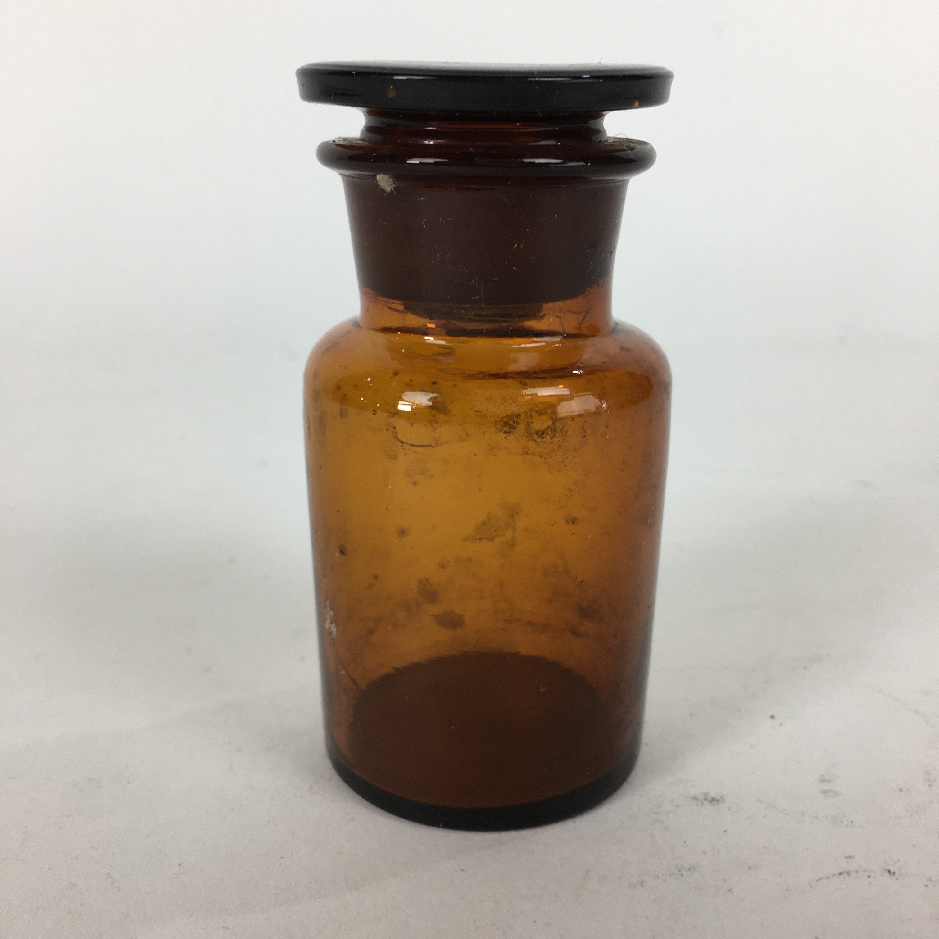 Japanese Lidded Glass Medicine Bottle Vtg Amber Color Glass 8.5 cm Vase MB14