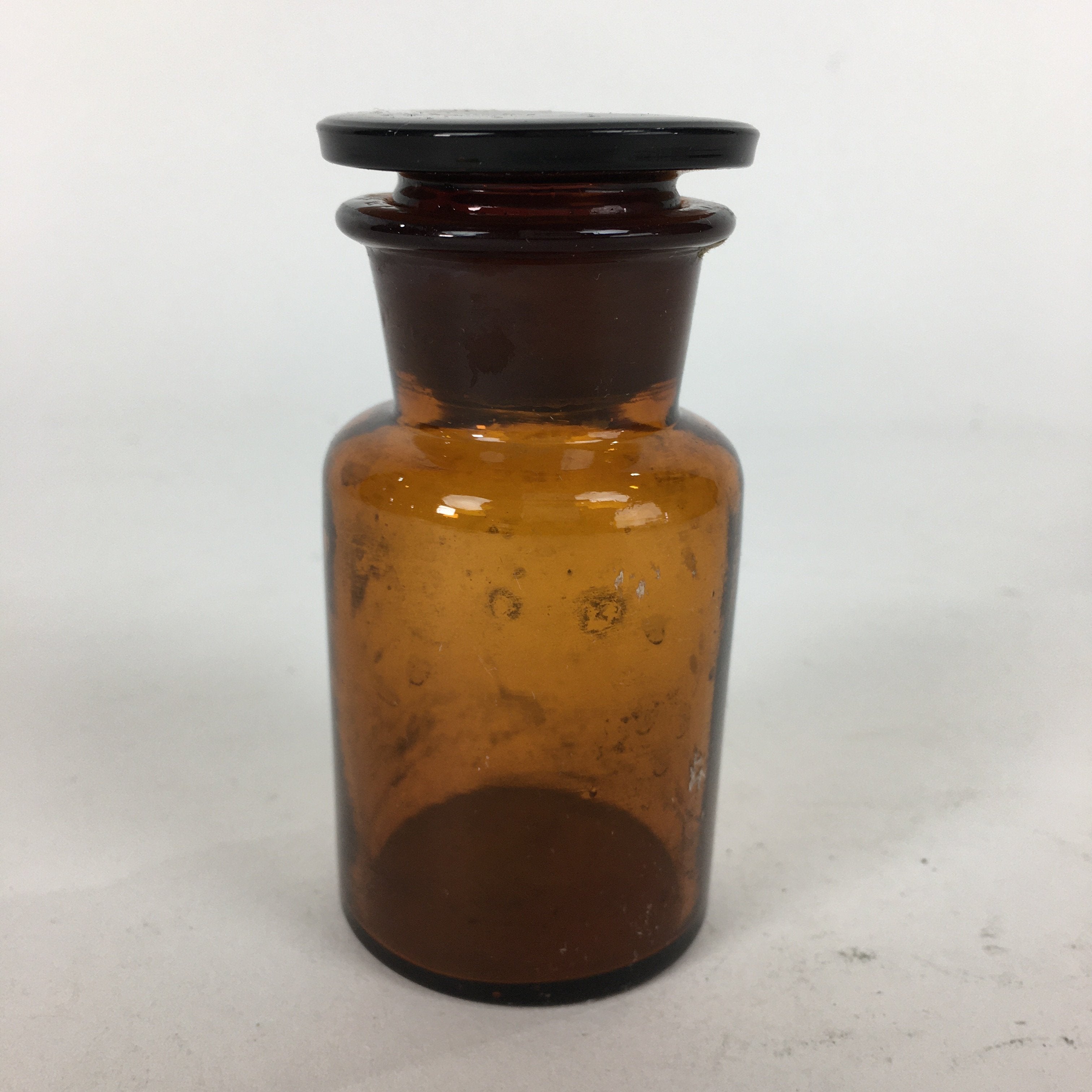 Japanese Lidded Glass Medicine Bottle Vtg Amber Color Glass 8.5 cm Vase MB14