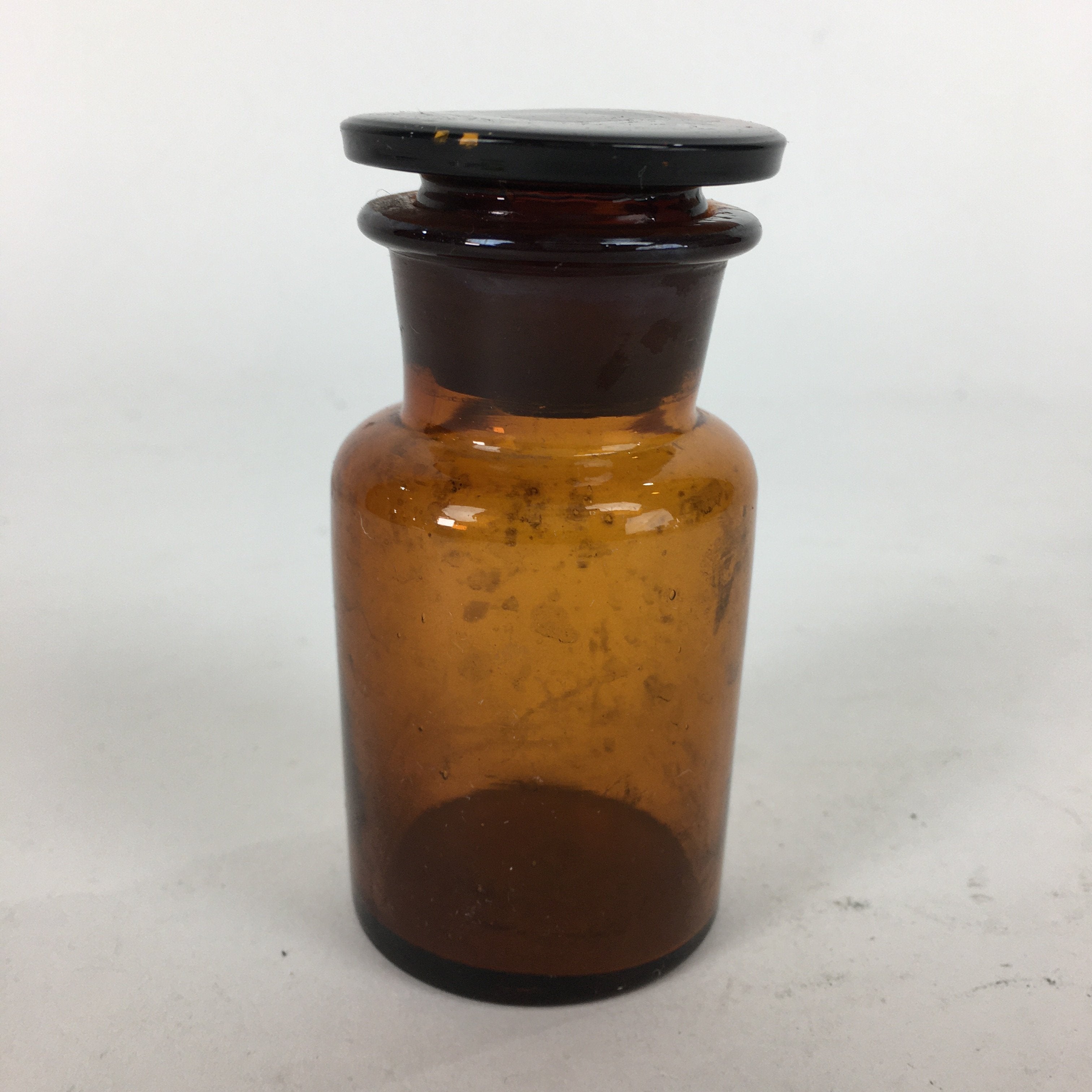 Japanese Lidded Glass Medicine Bottle Vtg Amber Color Glass 8.5 cm Vase MB14