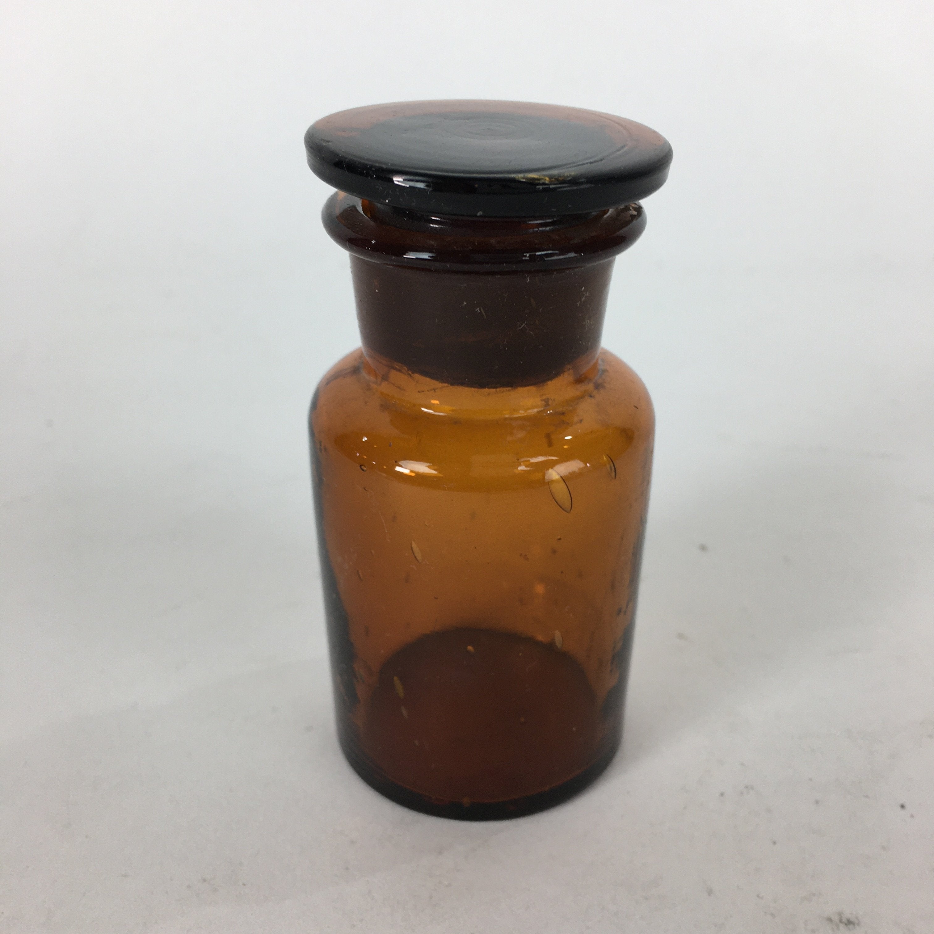 Japanese Lidded Glass Medicine Bottle Vtg Amber Color Glass 8.5 cm Vase MB15