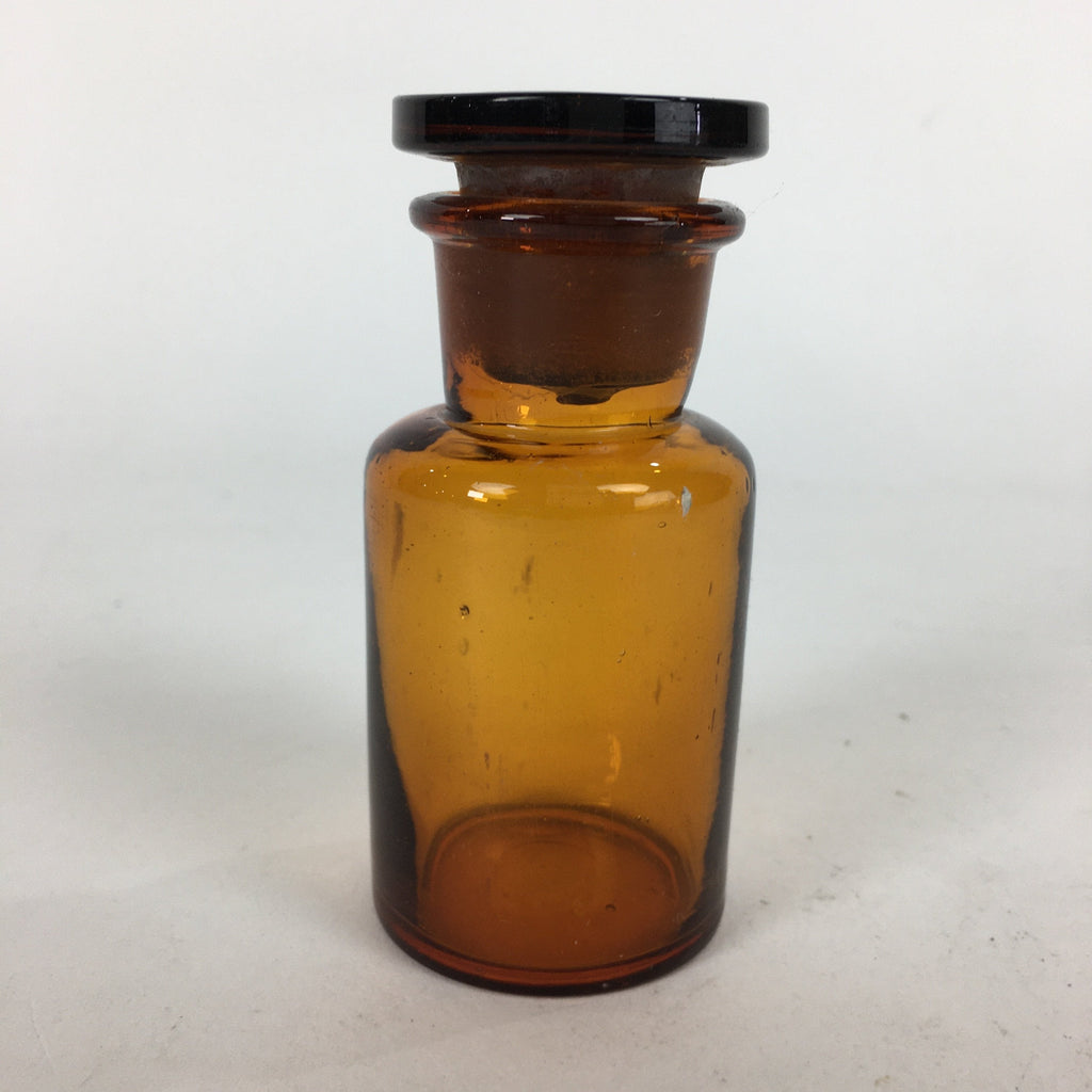 Japanese Lidded Glass Medicine Bottle Vtg Amber Color Glass 8.5 cm Vase MB17
