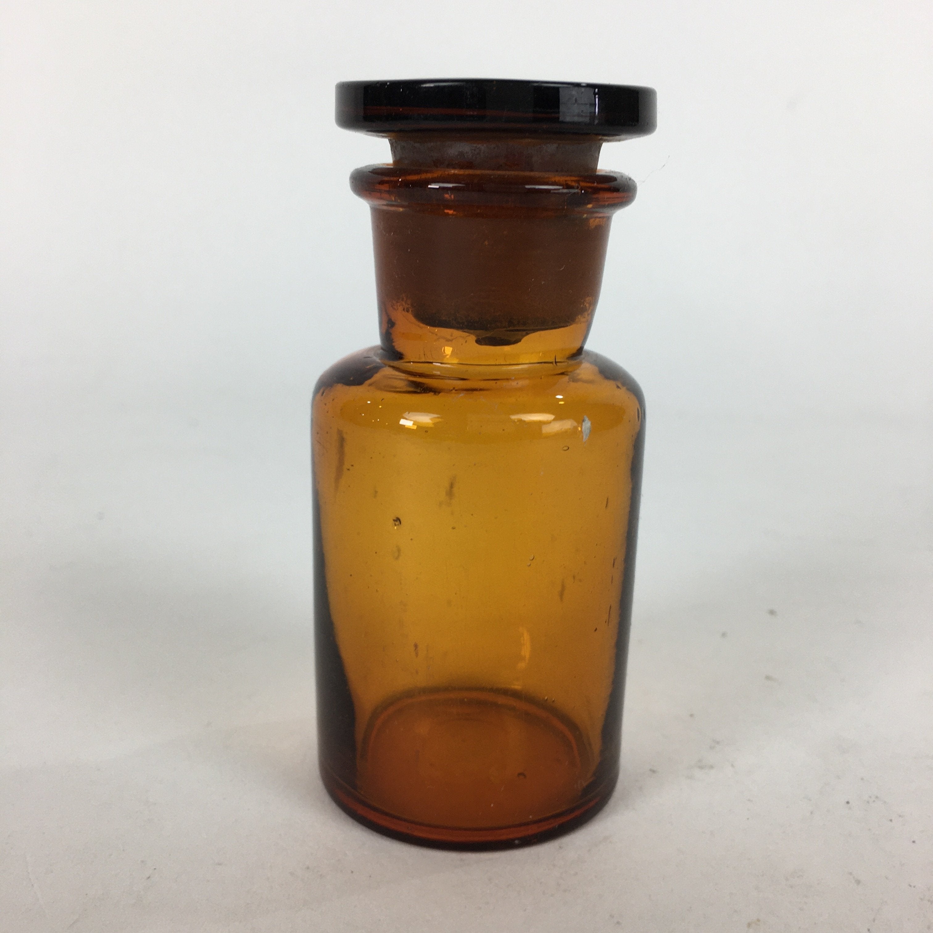 Japanese Lidded Glass Medicine Bottle Vtg Amber Color Glass 8.5 cm Vase MB17