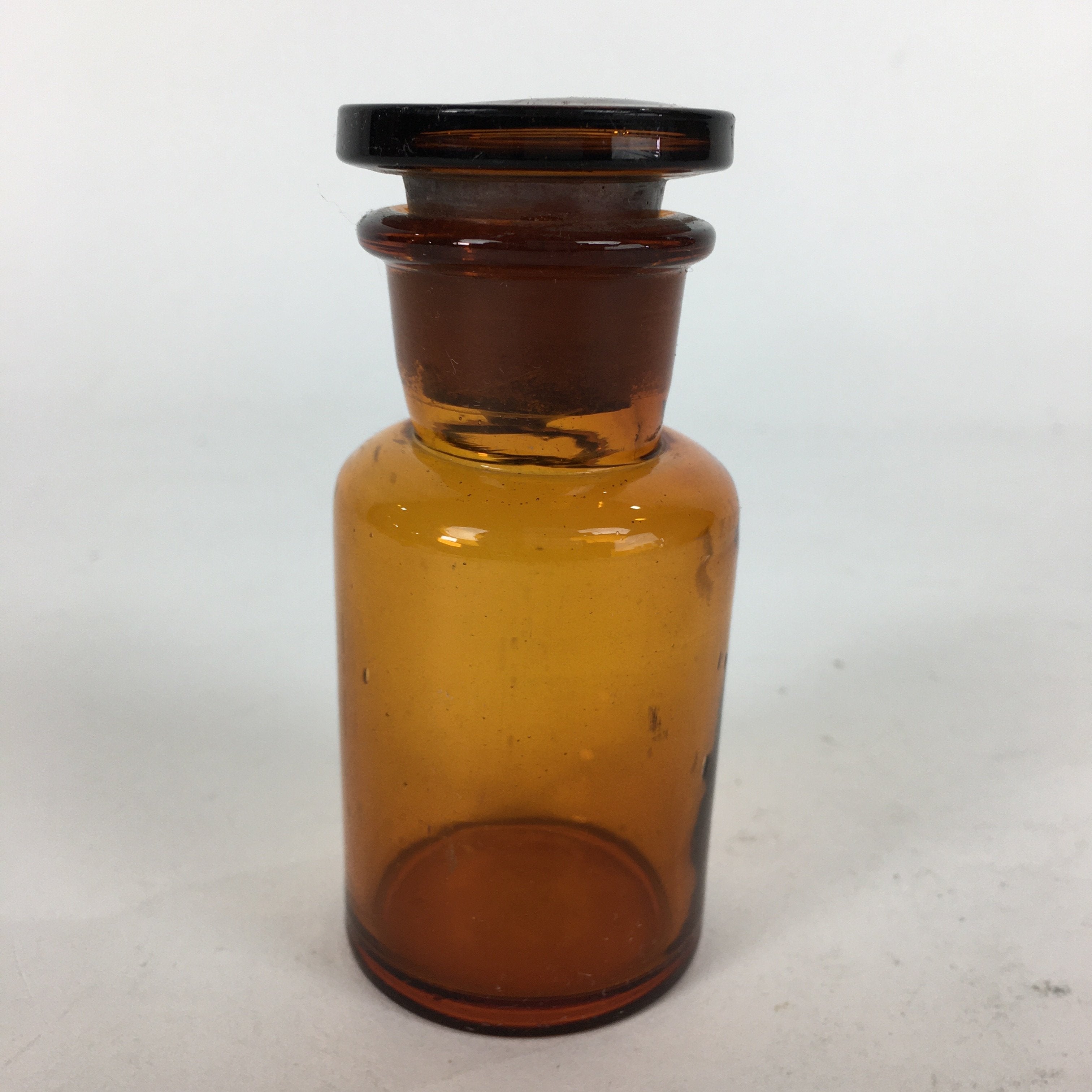 Japanese Lidded Glass Medicine Bottle Vtg Amber Color Glass 8.5 cm Vase MB17