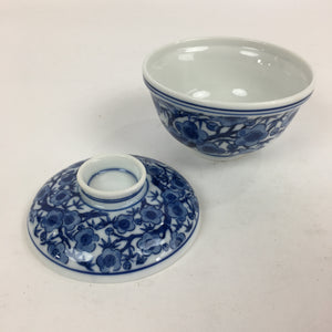 Japanese Lidded Rice Bowl Vtg Blue White Sometsuke Porcelain Floral QT148