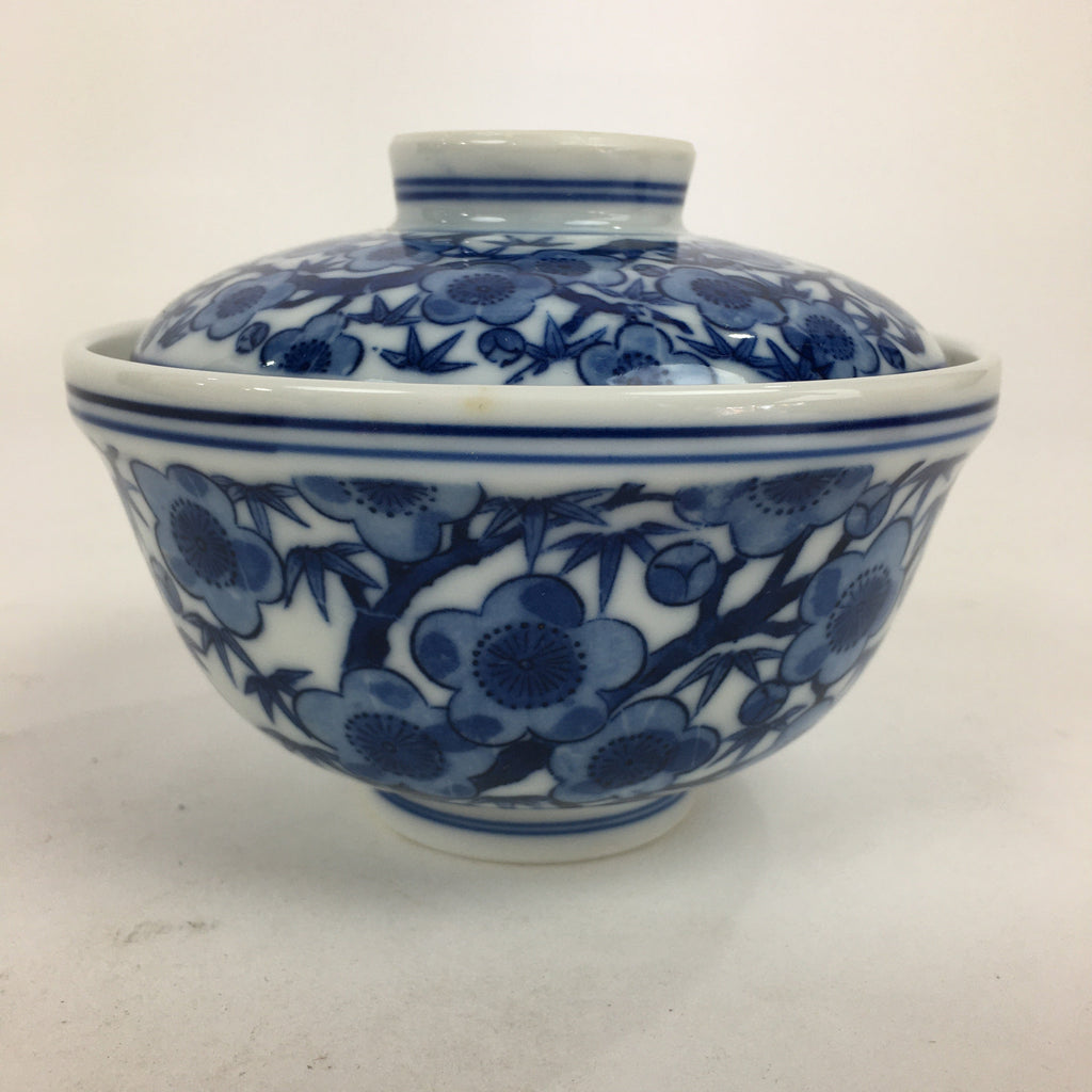 Japanese Lidded Rice Bowl Vtg Blue White Sometsuke Porcelain Floral QT148