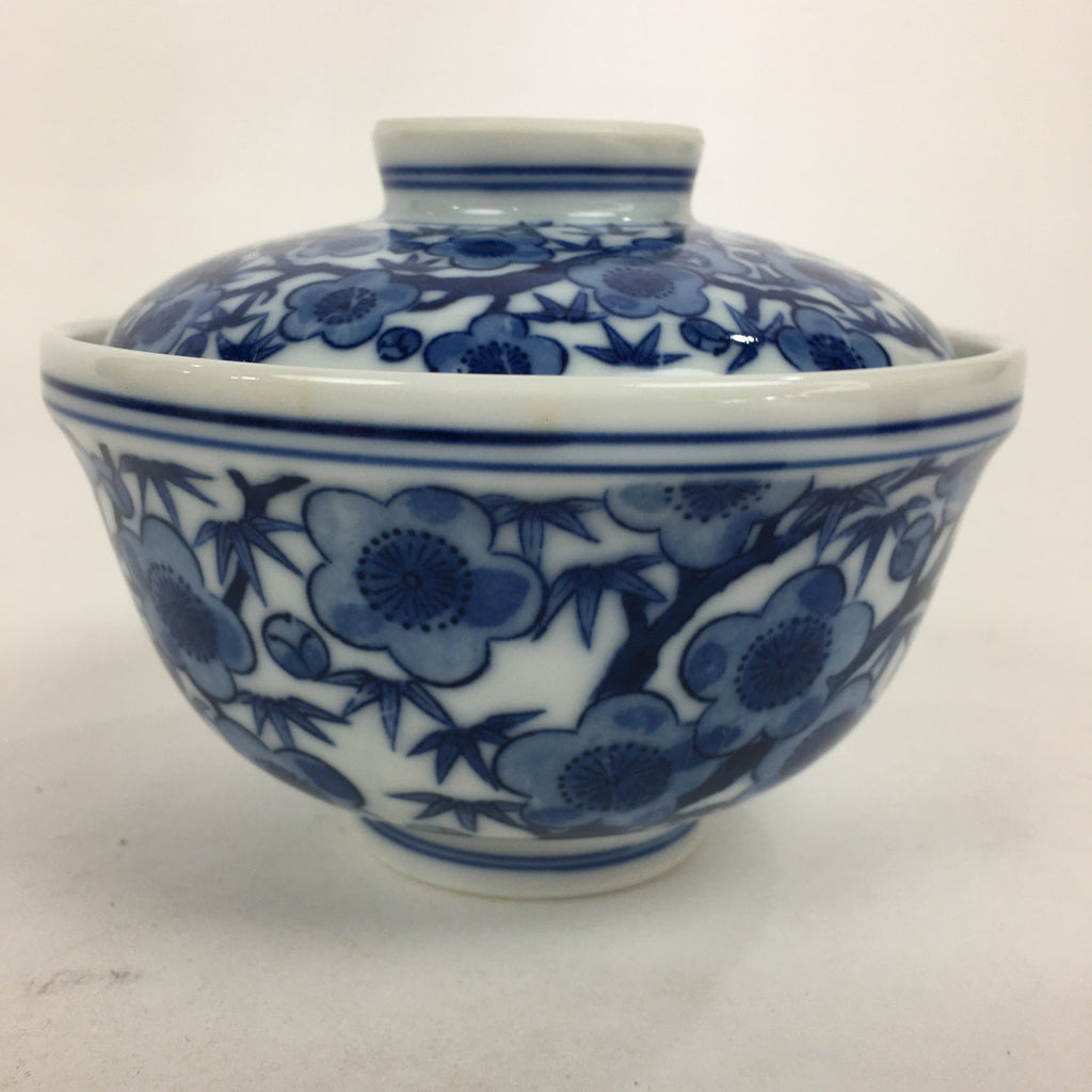Japanese Lidded Rice Bowl Vtg Blue White Sometsuke Porcelain Floral QT148