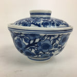 Japanese Lidded Rice Bowl Vtg Blue White Sometsuke Porcelain Floral QT148