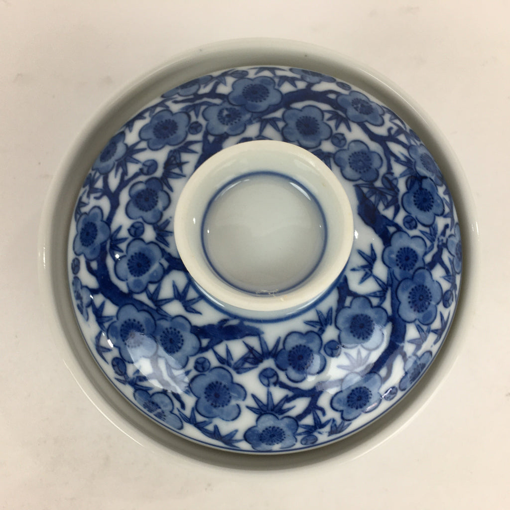 Japanese Lidded Rice Bowl Vtg Blue White Sometsuke Porcelain Floral QT148