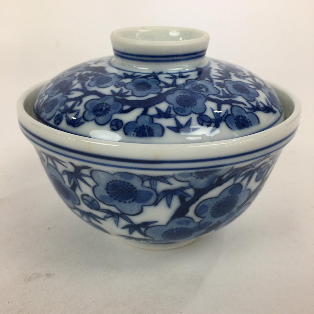 Japanese Lidded Rice Bowl Vtg Blue White Sometsuke Porcelain Floral QT148