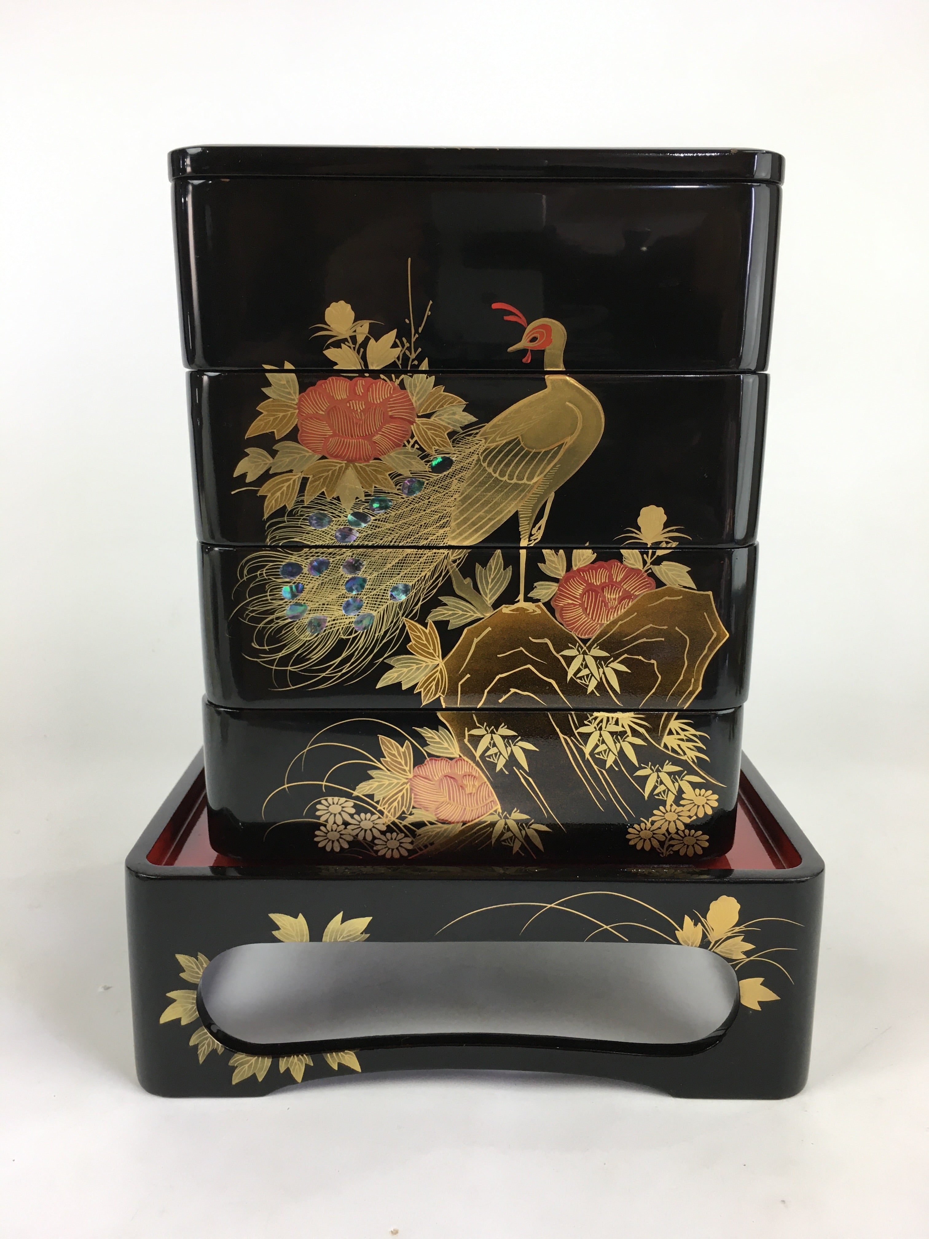 Japanese Lunch Box Jubako And Stand Vtg Black Gold Makie Abalone PX610