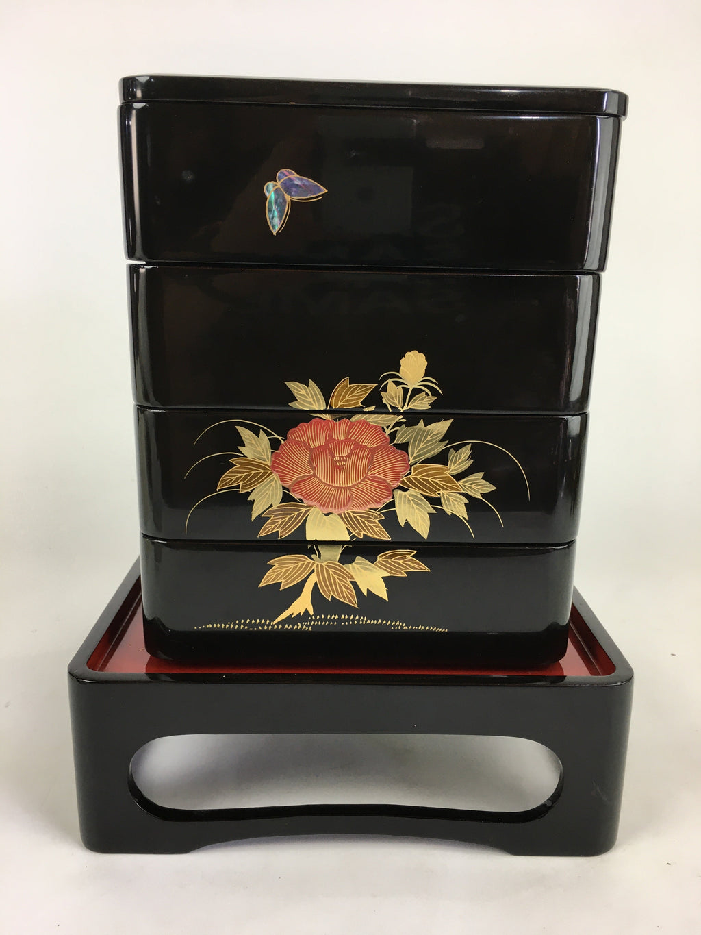 Japanese Lunch Box Jubako And Stand Vtg Black Gold Makie Abalone PX610