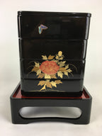 Japanese Lunch Box Jubako And Stand Vtg Black Gold Makie Abalone PX610