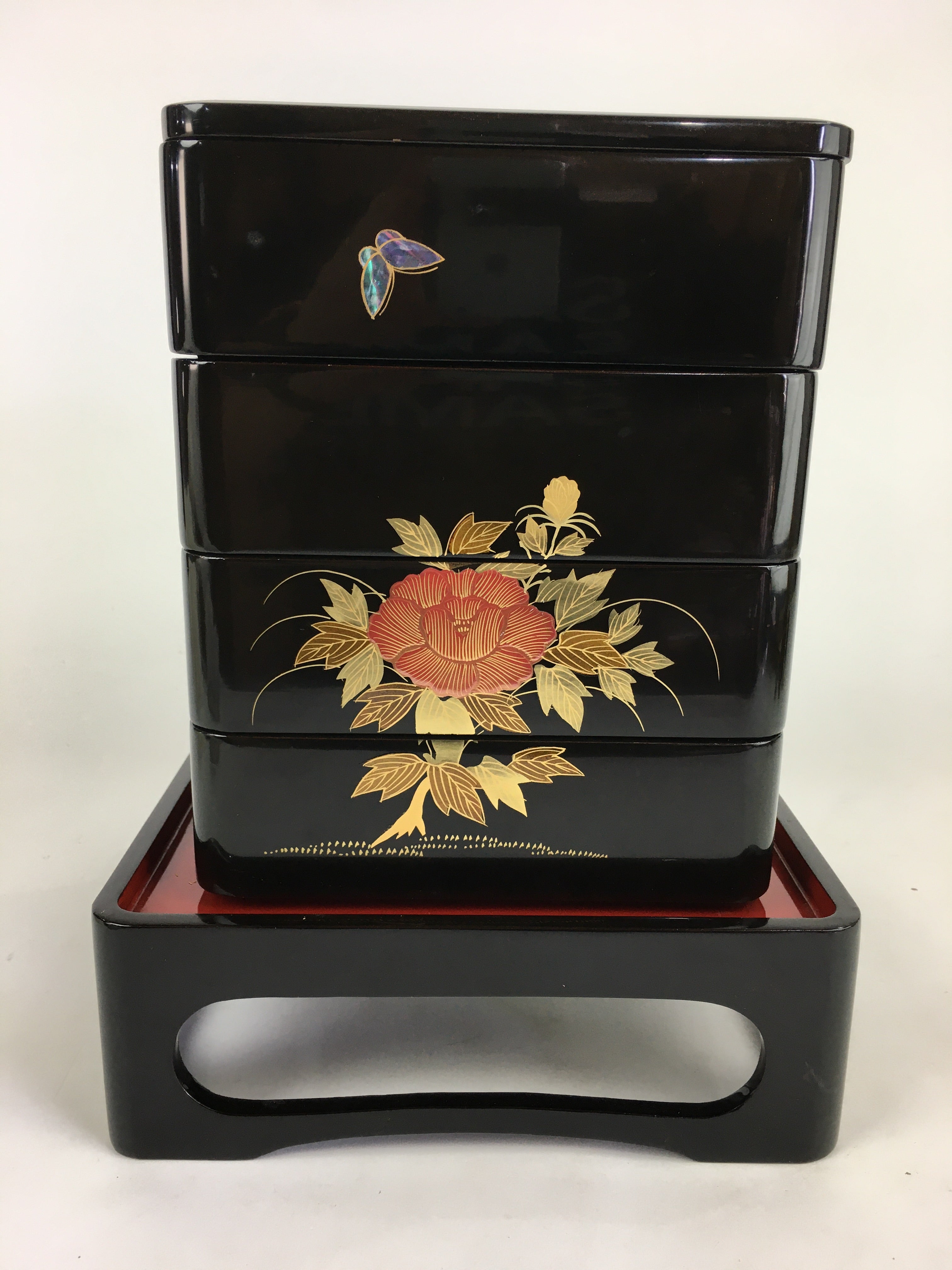 Japanese Lunch Box Jubako And Stand Vtg Black Gold Makie Abalone PX610