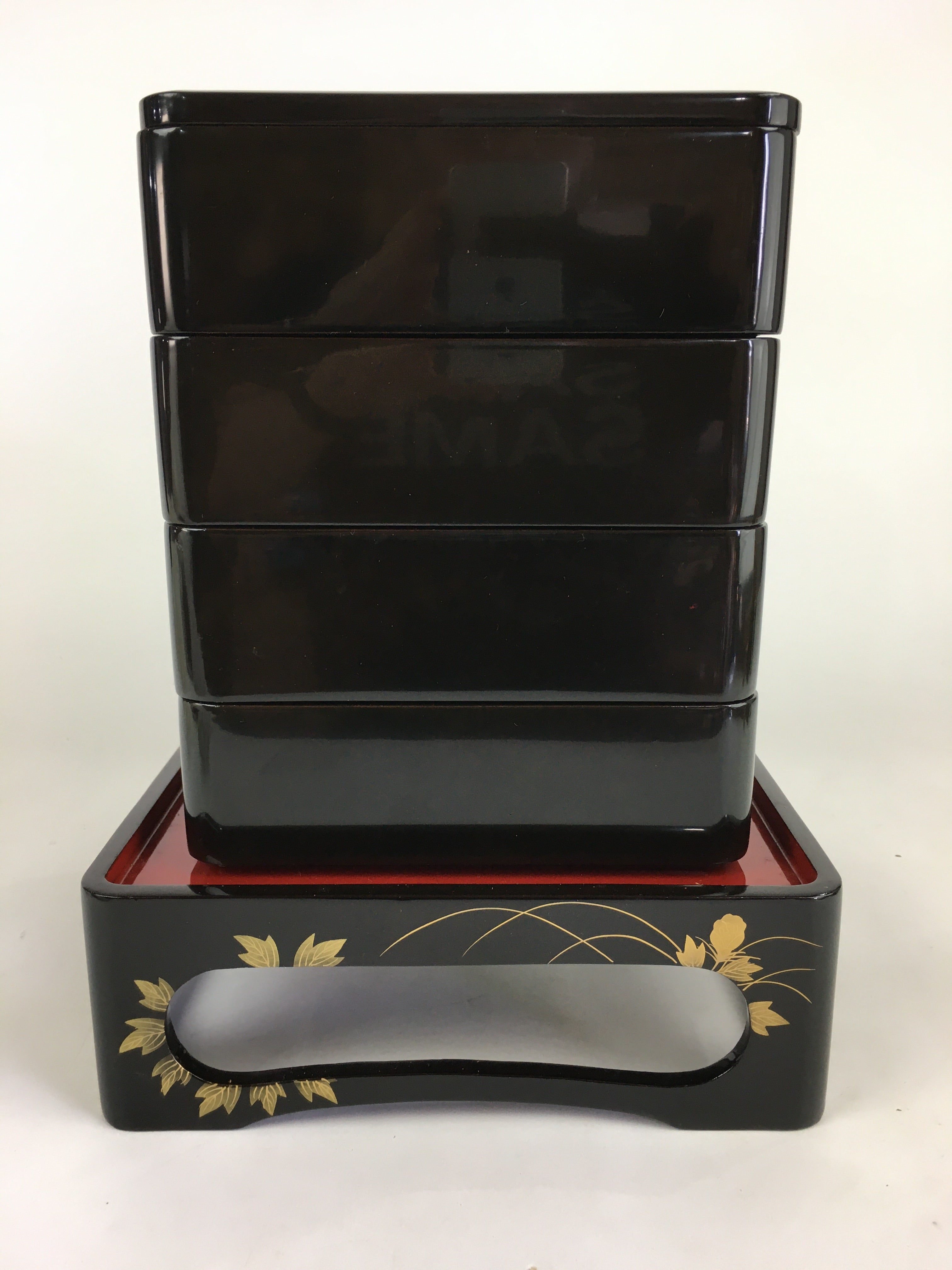 Japanese Lunch Box Jubako And Stand Vtg Black Gold Makie Abalone PX610