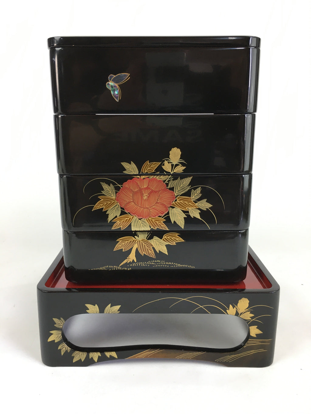 Japanese Lunch Box Jubako And Stand Vtg Black Gold Makie Abalone PX610