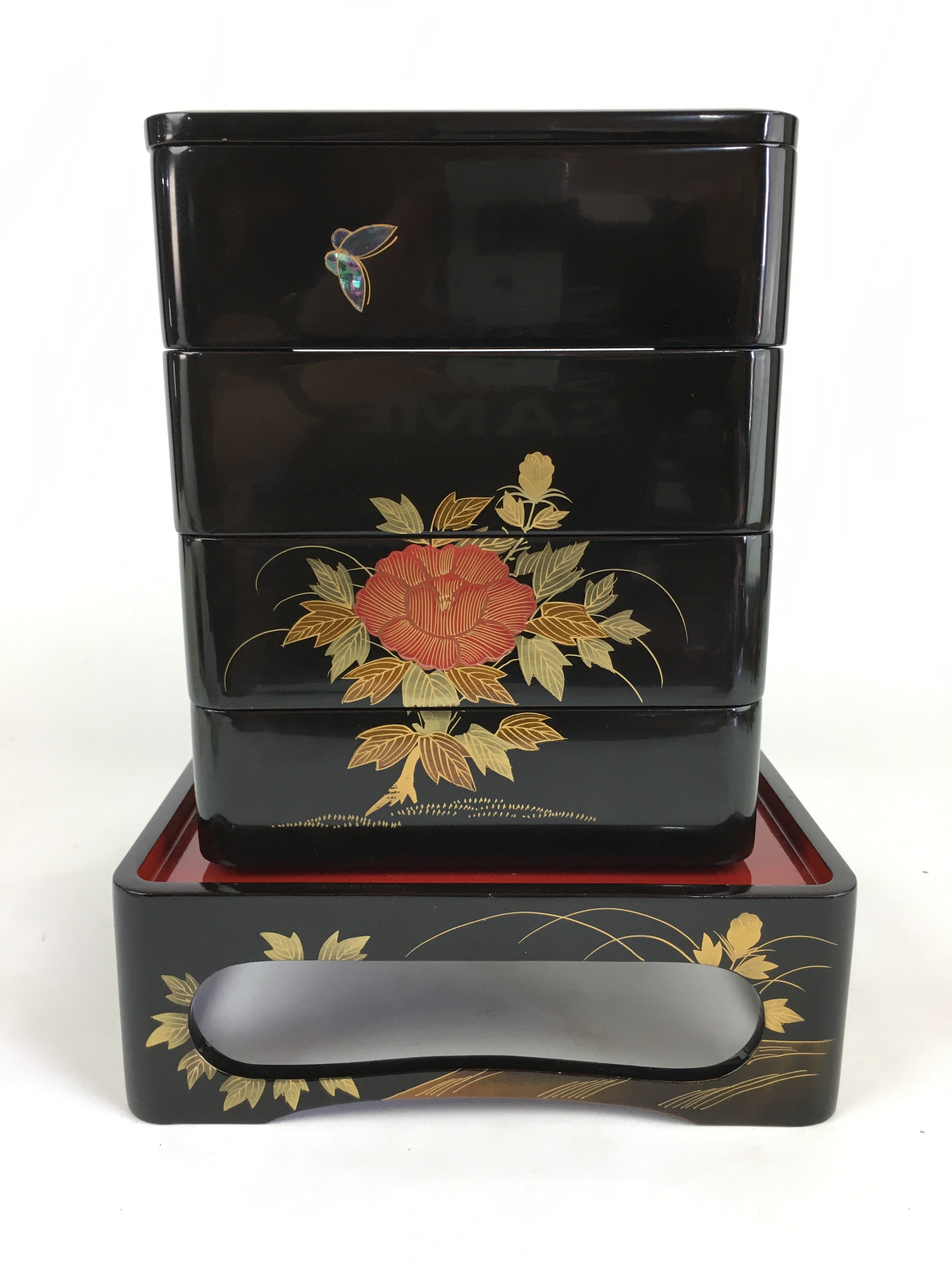 Japanese Lunch Box Jubako And Stand Vtg Black Gold Makie Abalone PX610